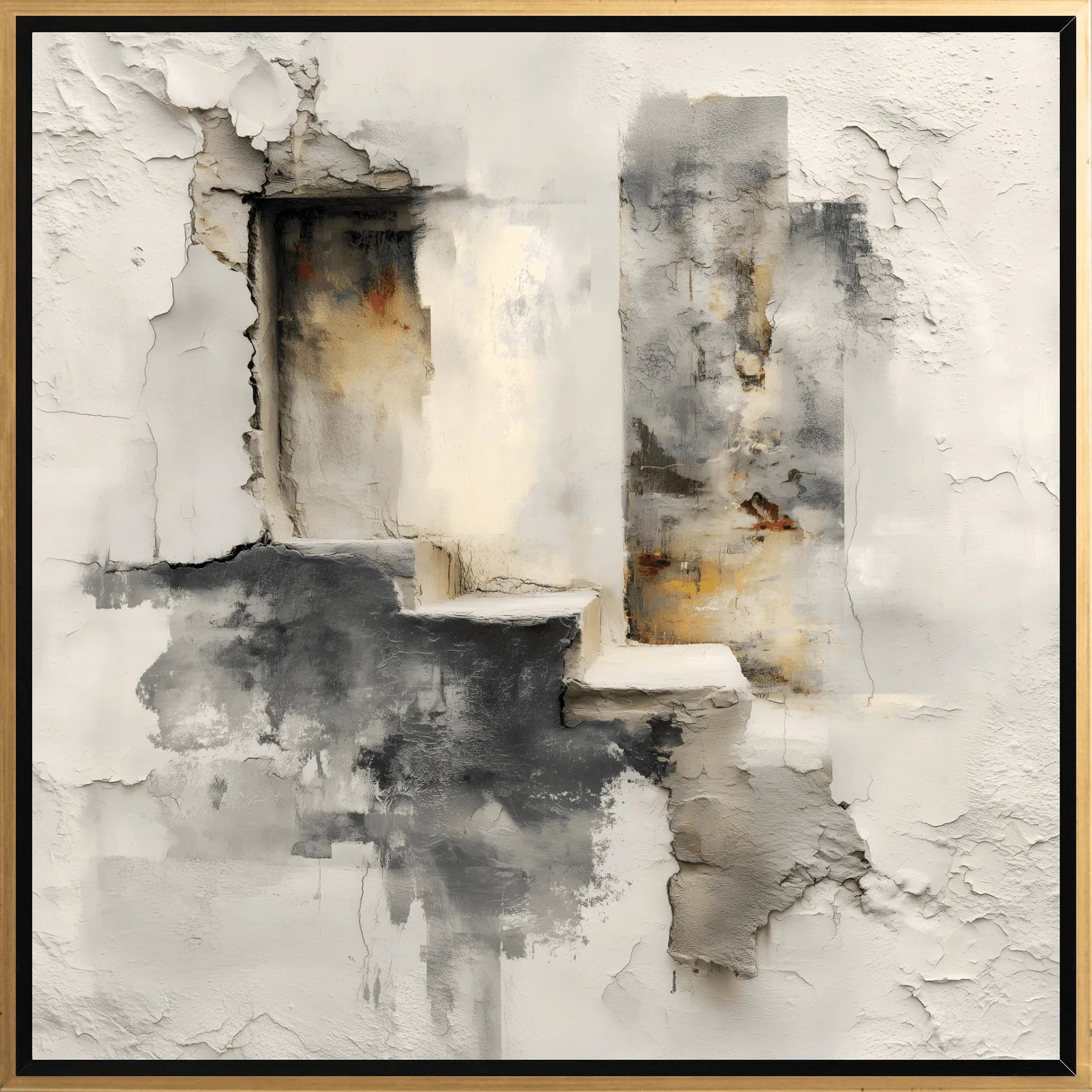 Abstract art piece with watercolor textures in black, white, and gray.
