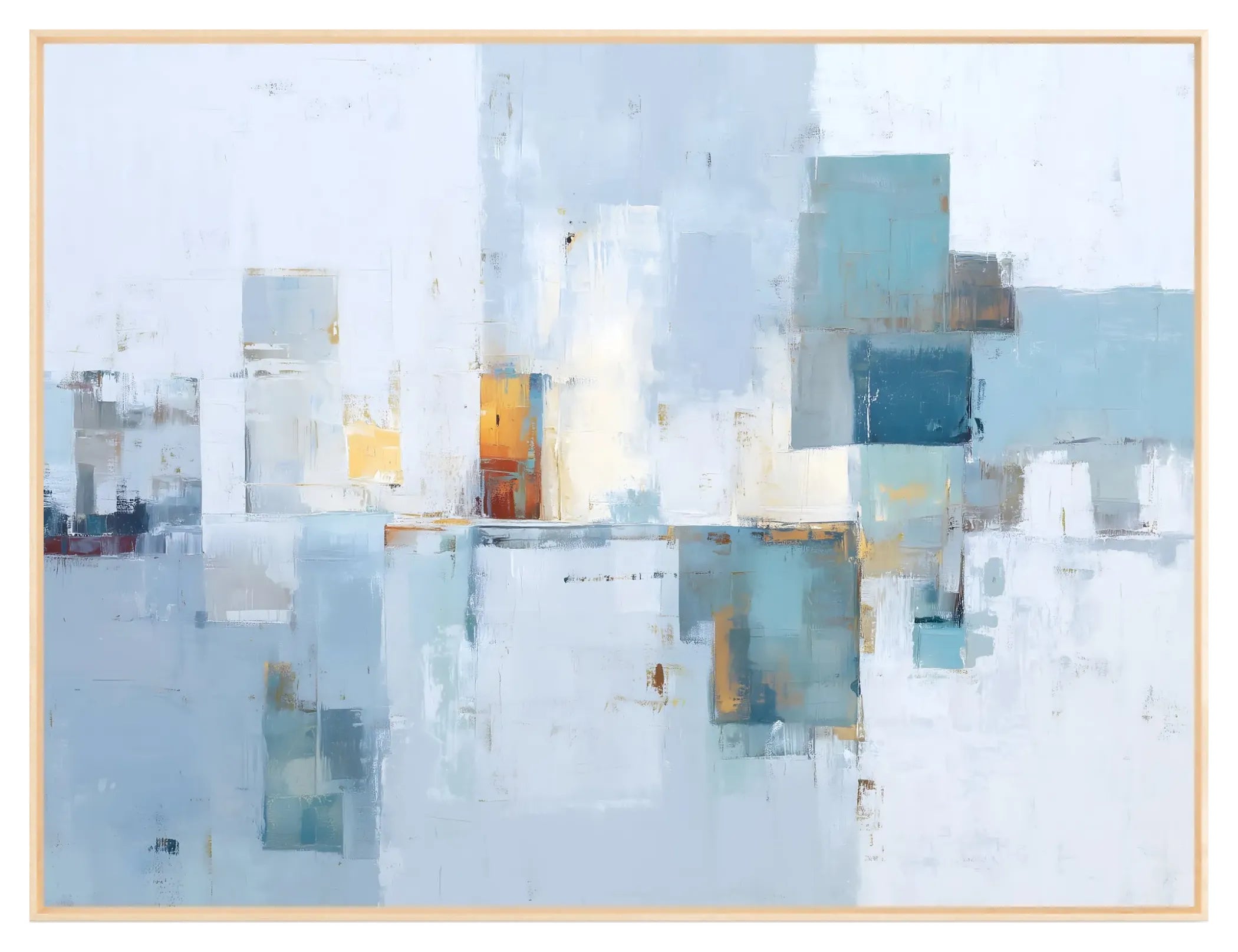 Abstract art piece with geometric shapes in blue, gold, and white.