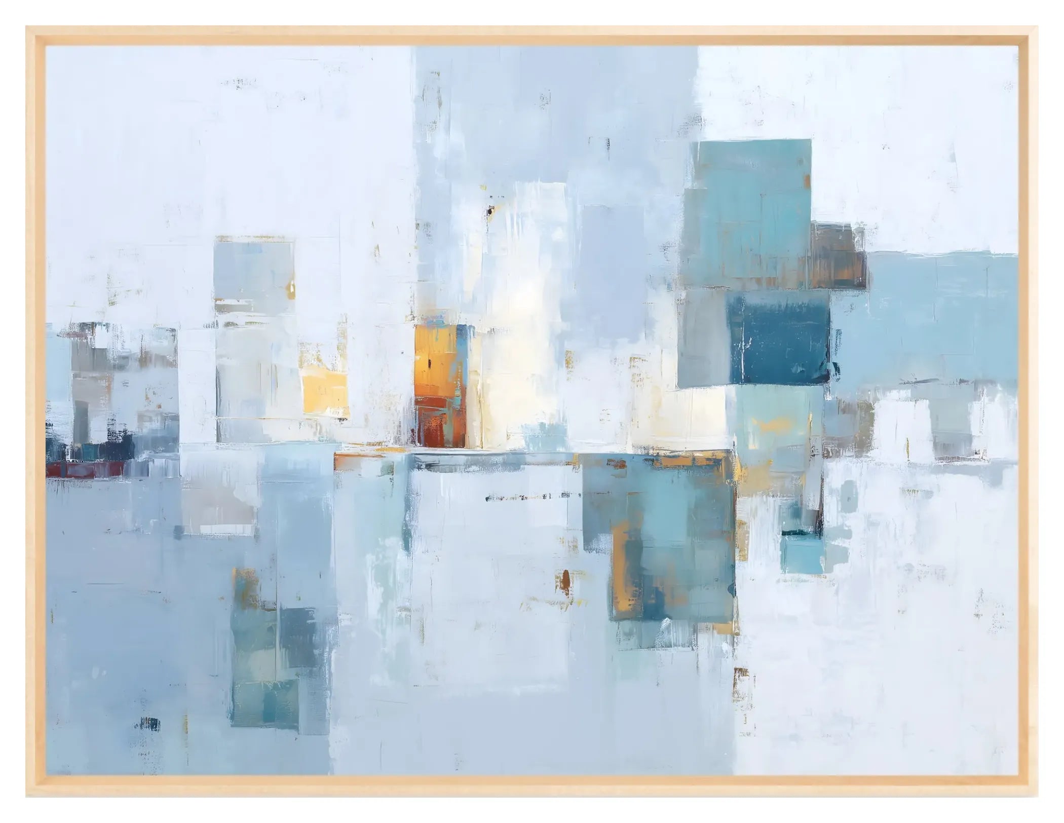 Abstract art piece with geometric shapes in blue, white, and gold on a light blue background.