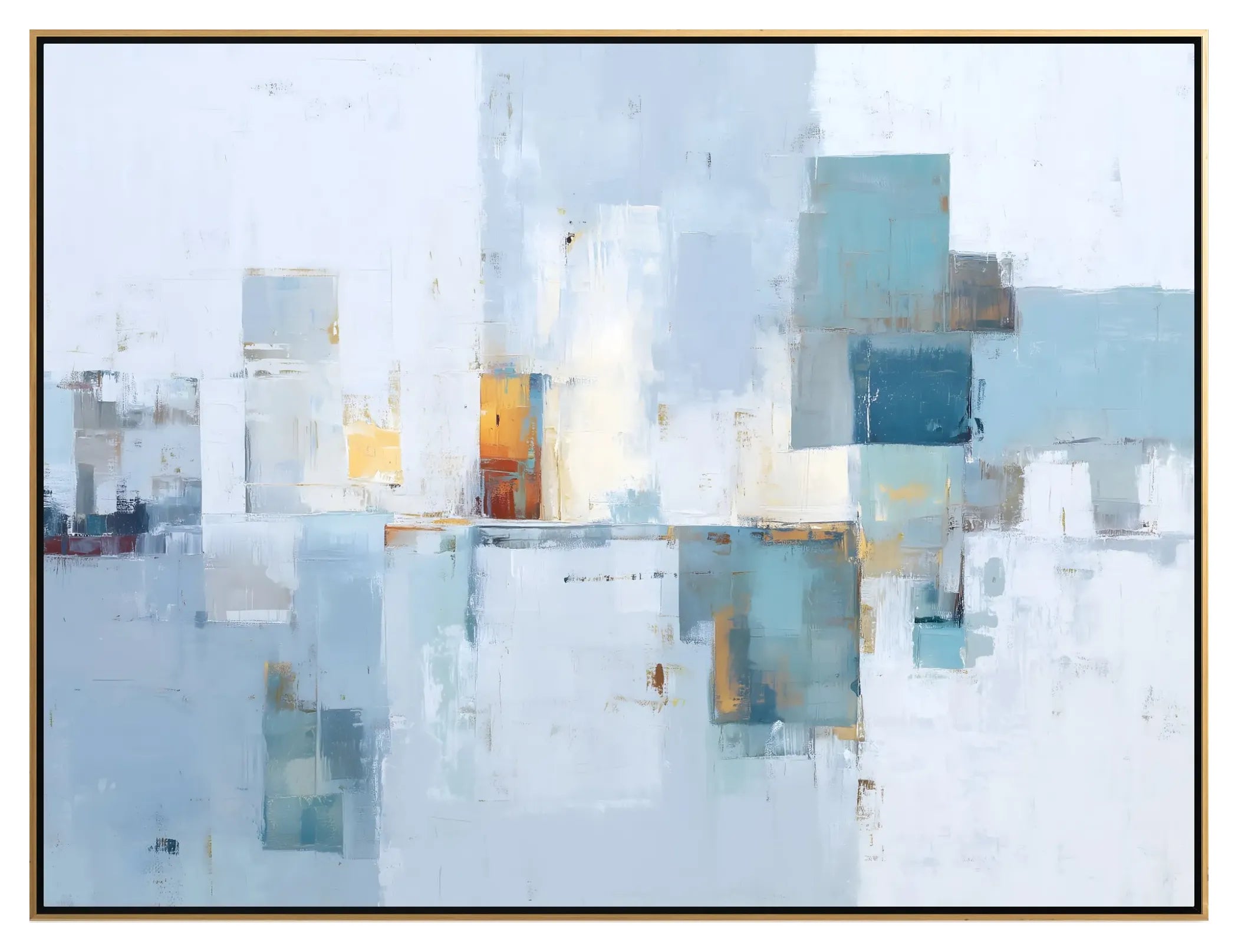 Abstract art piece with geometric shapes in blue, green, and orange on a light background