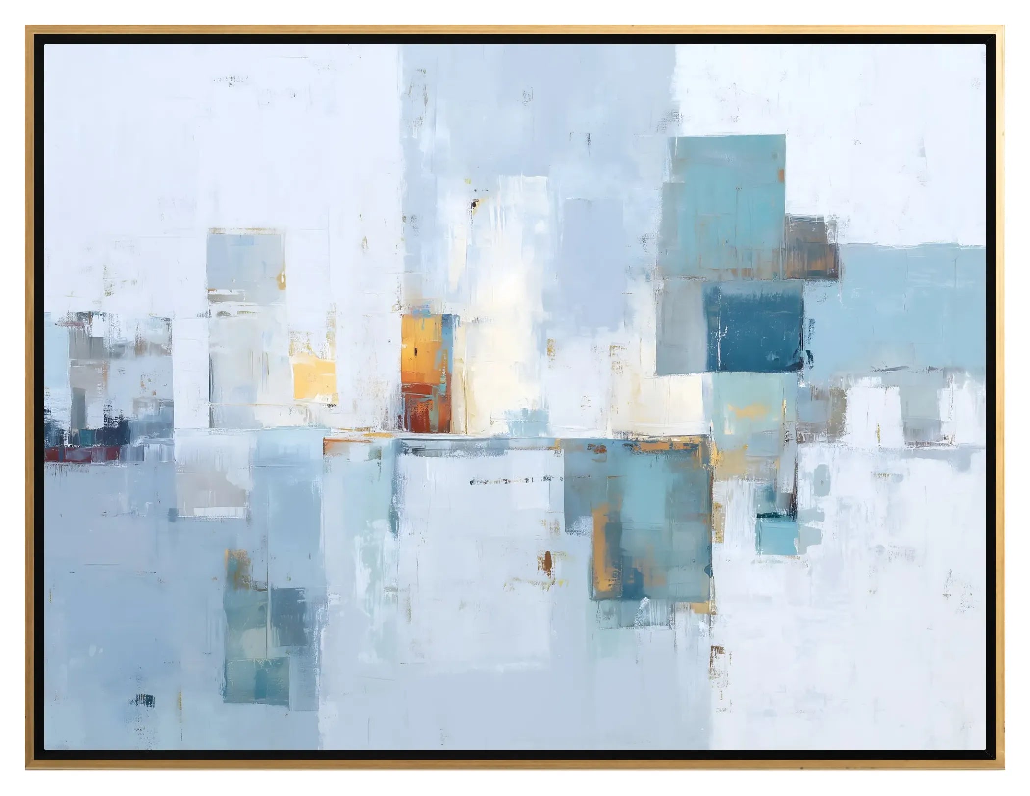 Abstract art piece with geometric shapes in blue, white, and gold on a light blue background.
