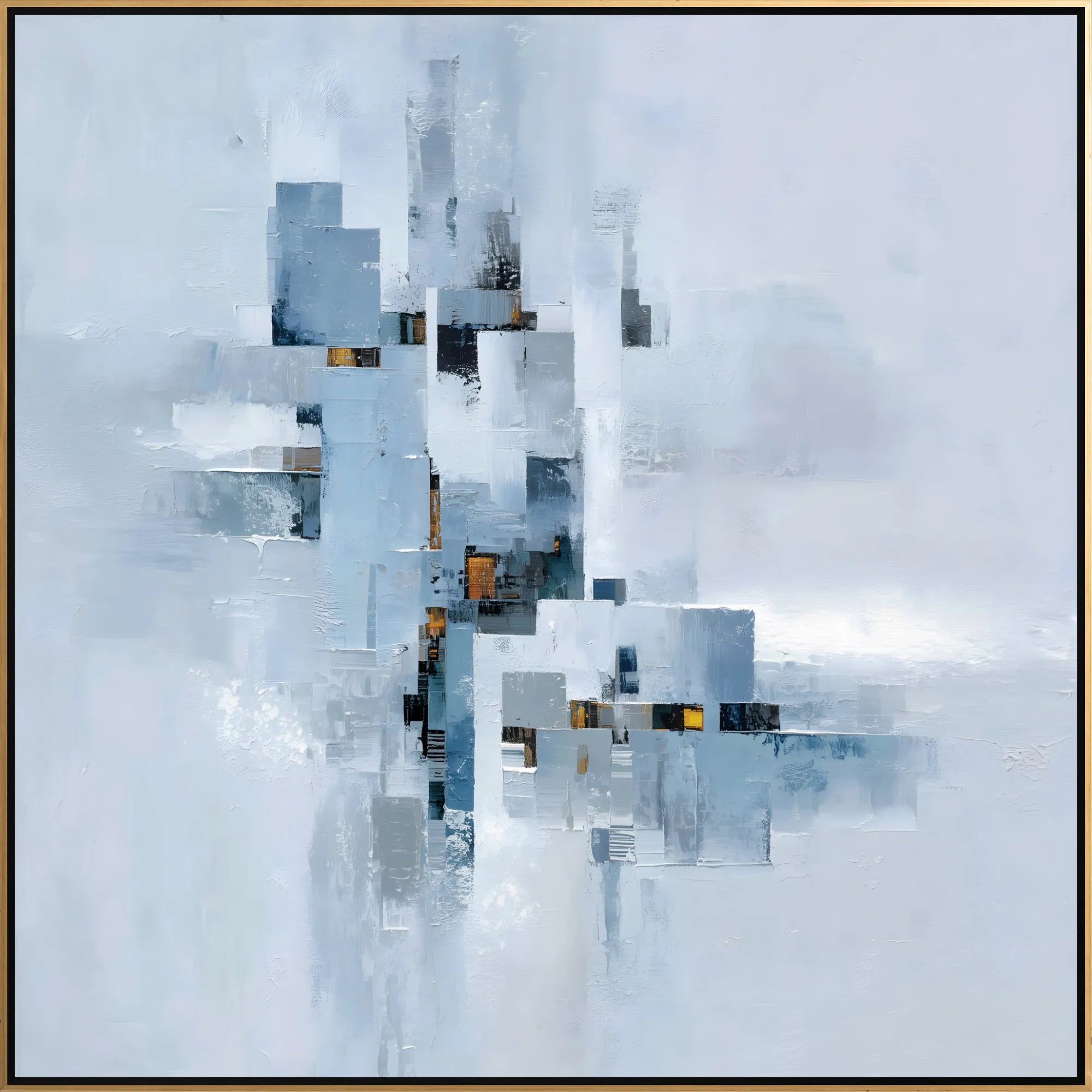 Abstract geometric art with a mix of blue, gray, and black on a light blue background