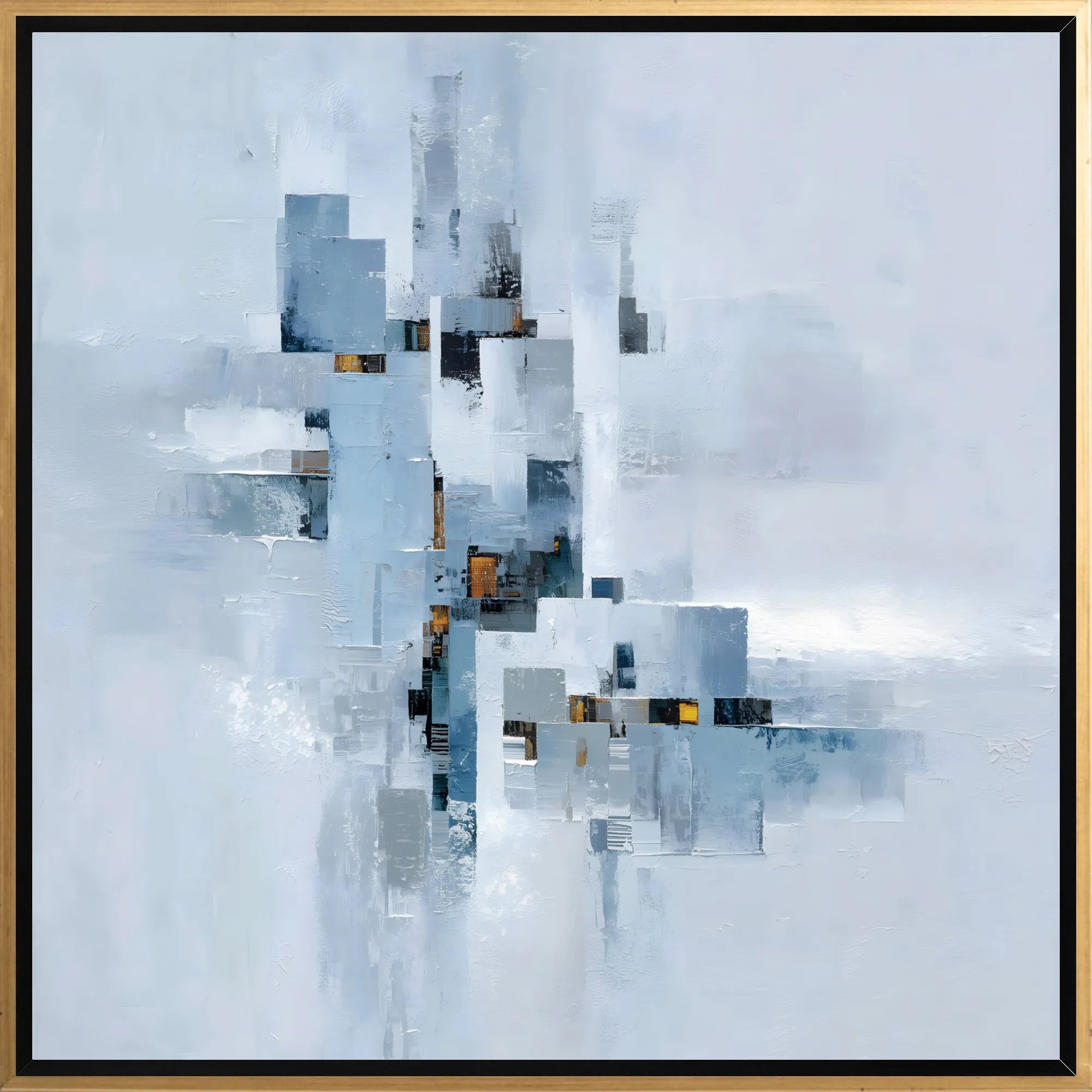 Abstract art piece with geometric shapes on a light blue background