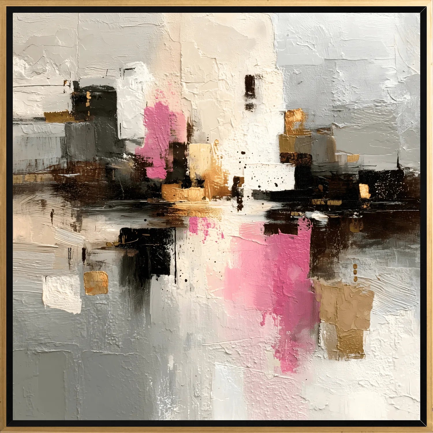 Abstract art painting with pink, gold, and black on a gray background