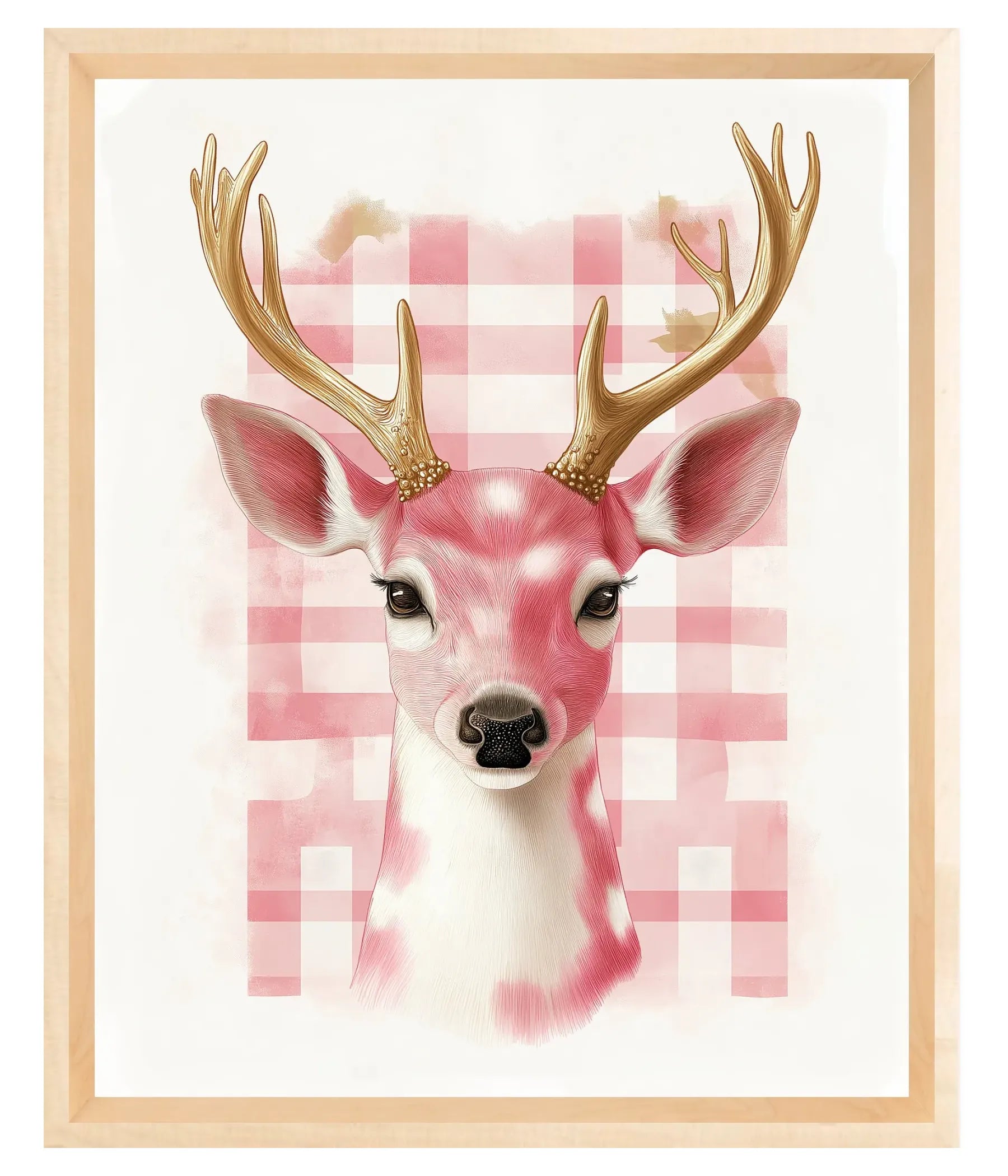 Framed artwork of a deer head with gold antlers on a pink checkered background