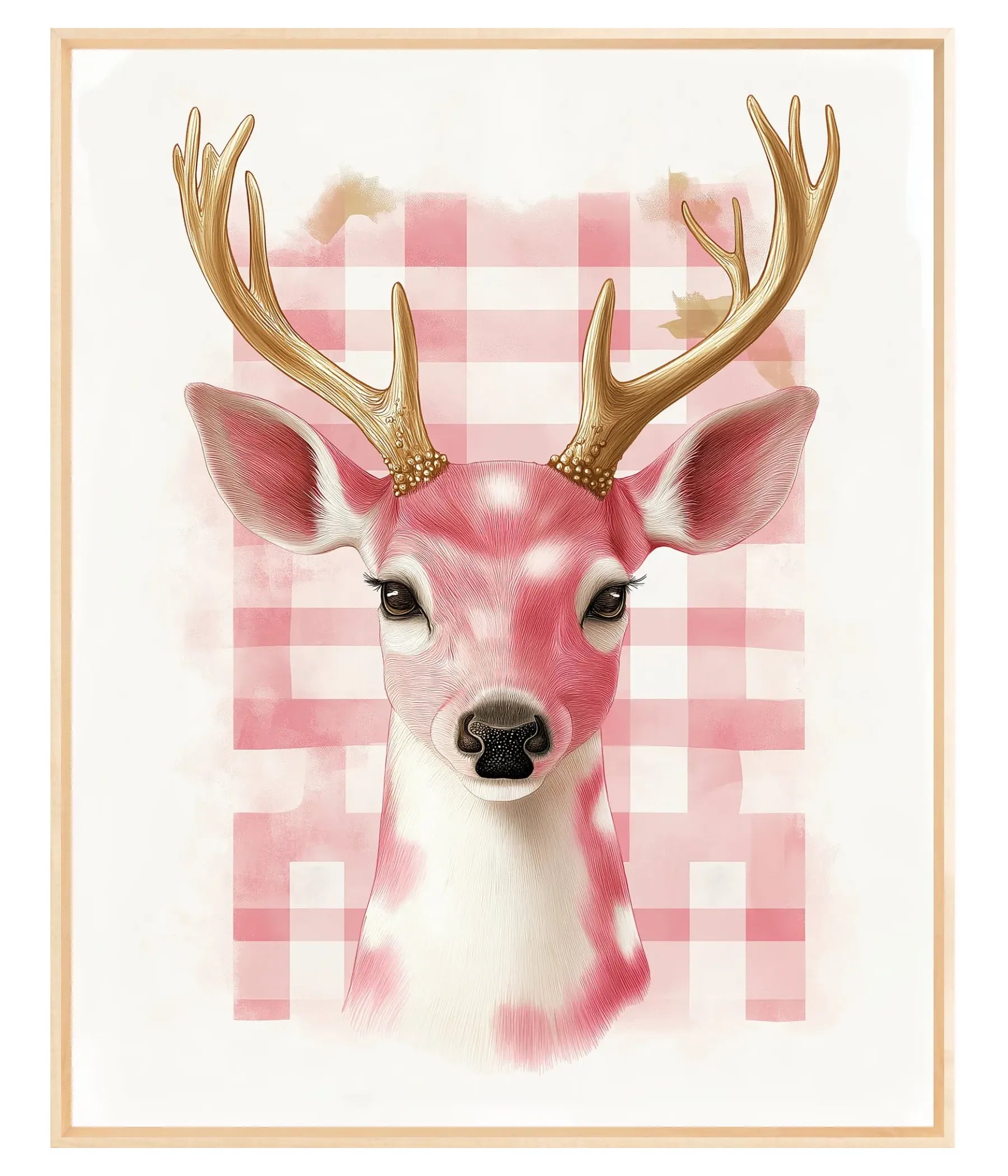 Deer with gold antlers on a pink checkered background