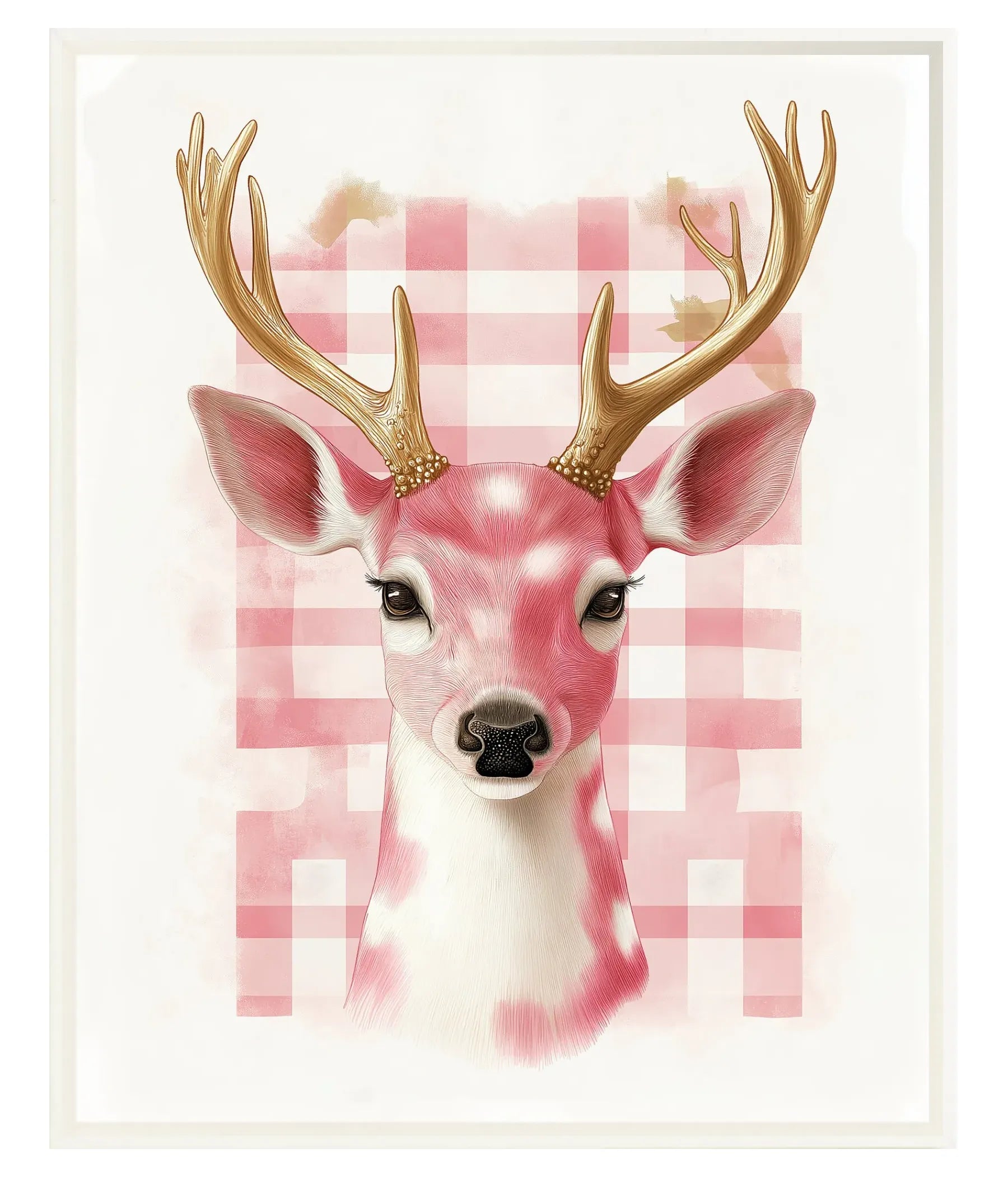 Deer head with gold antlers on a pink checkered background
