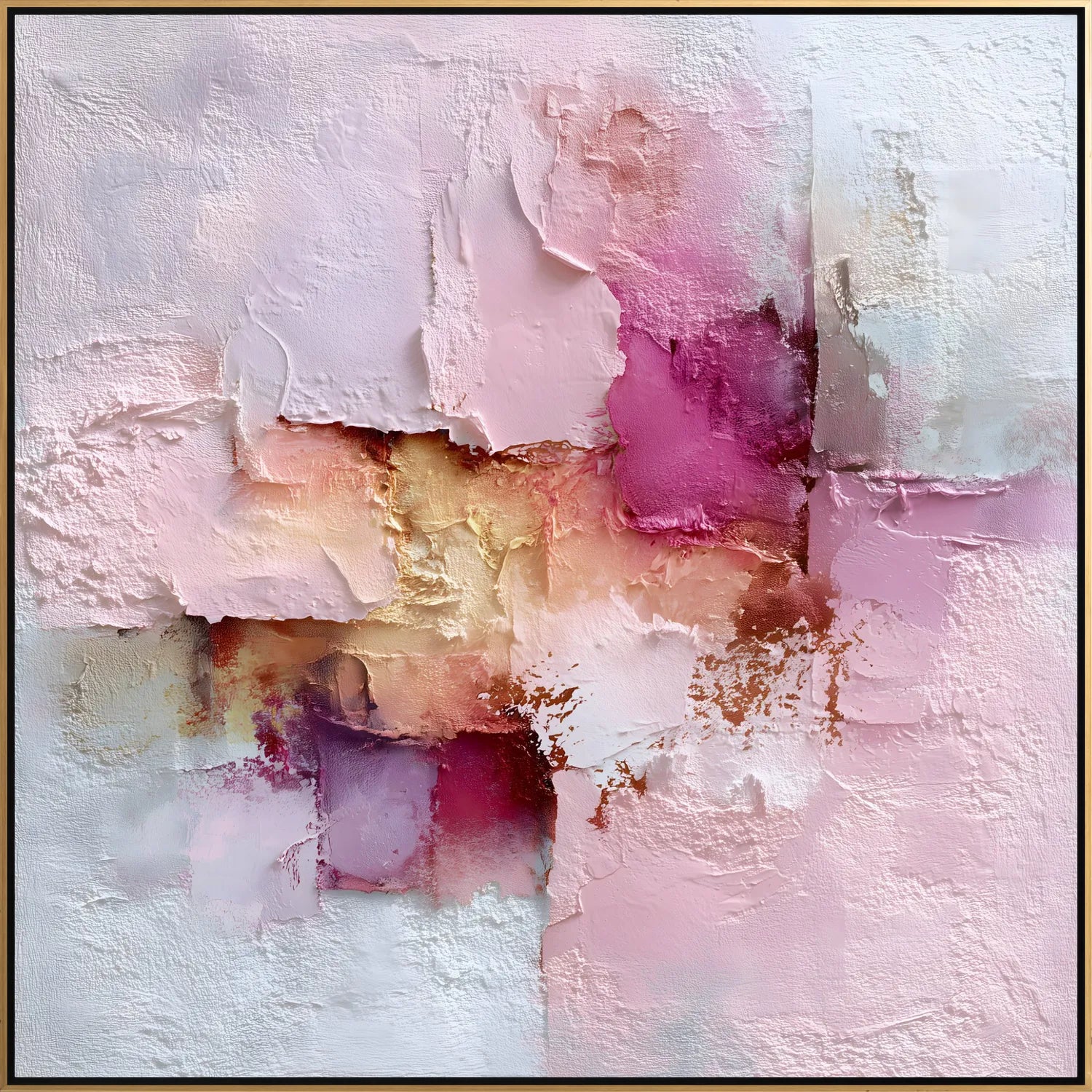 Abstract art piece with pink, purple, and gold colors on a textured white background