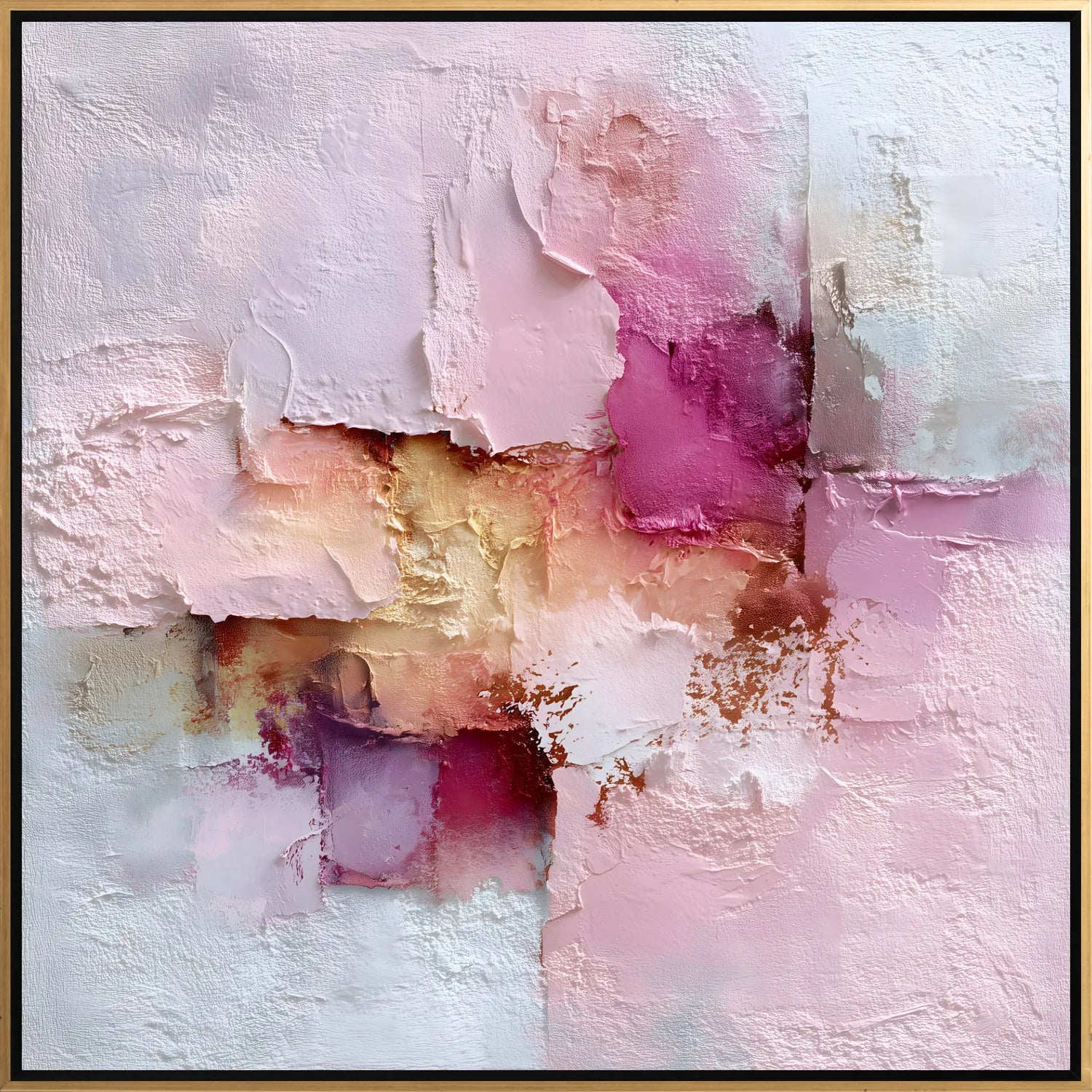 Abstract art piece with pink, purple, and gold colors on a textured white background.