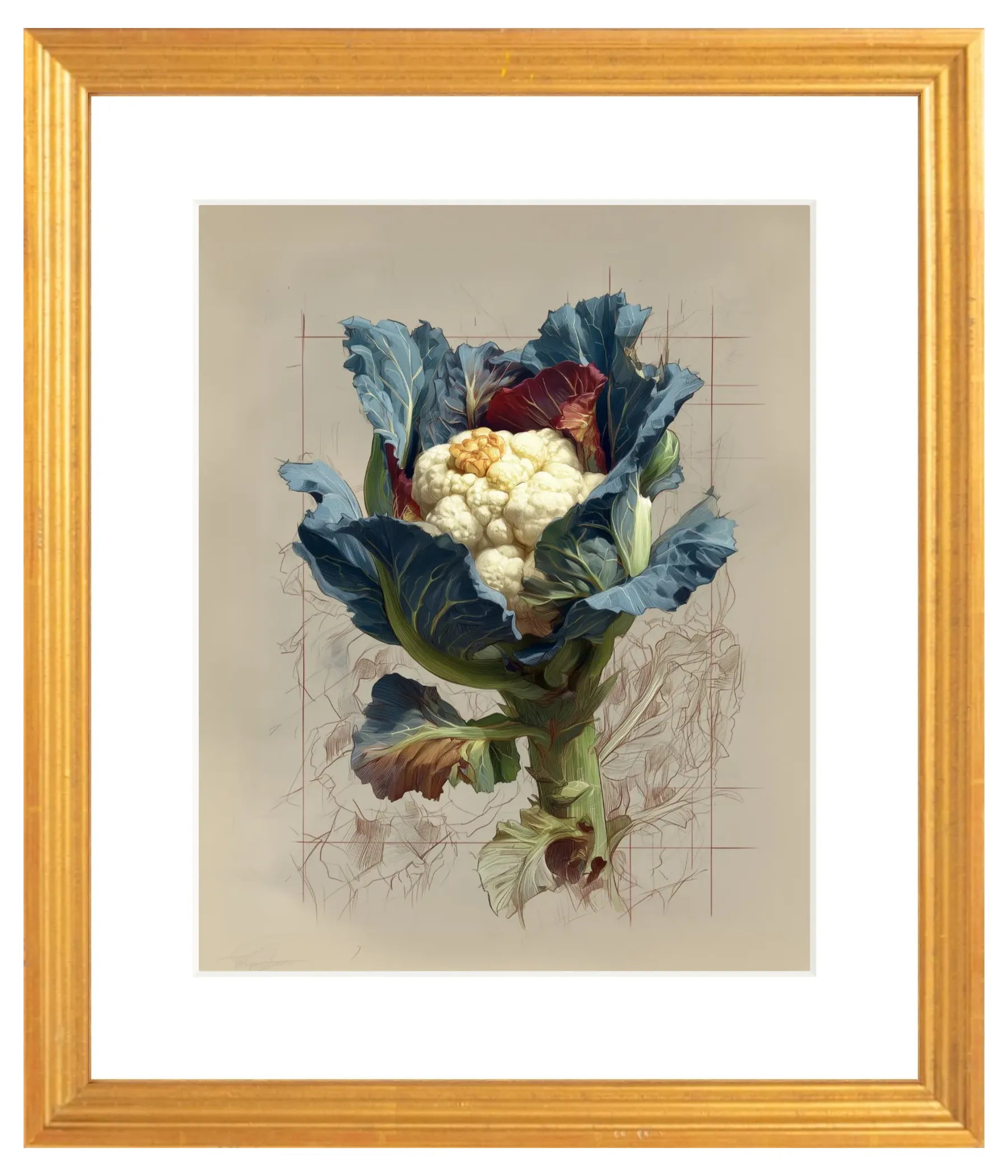 Framed artwork of a cauliflower with blue leaves on a beige background