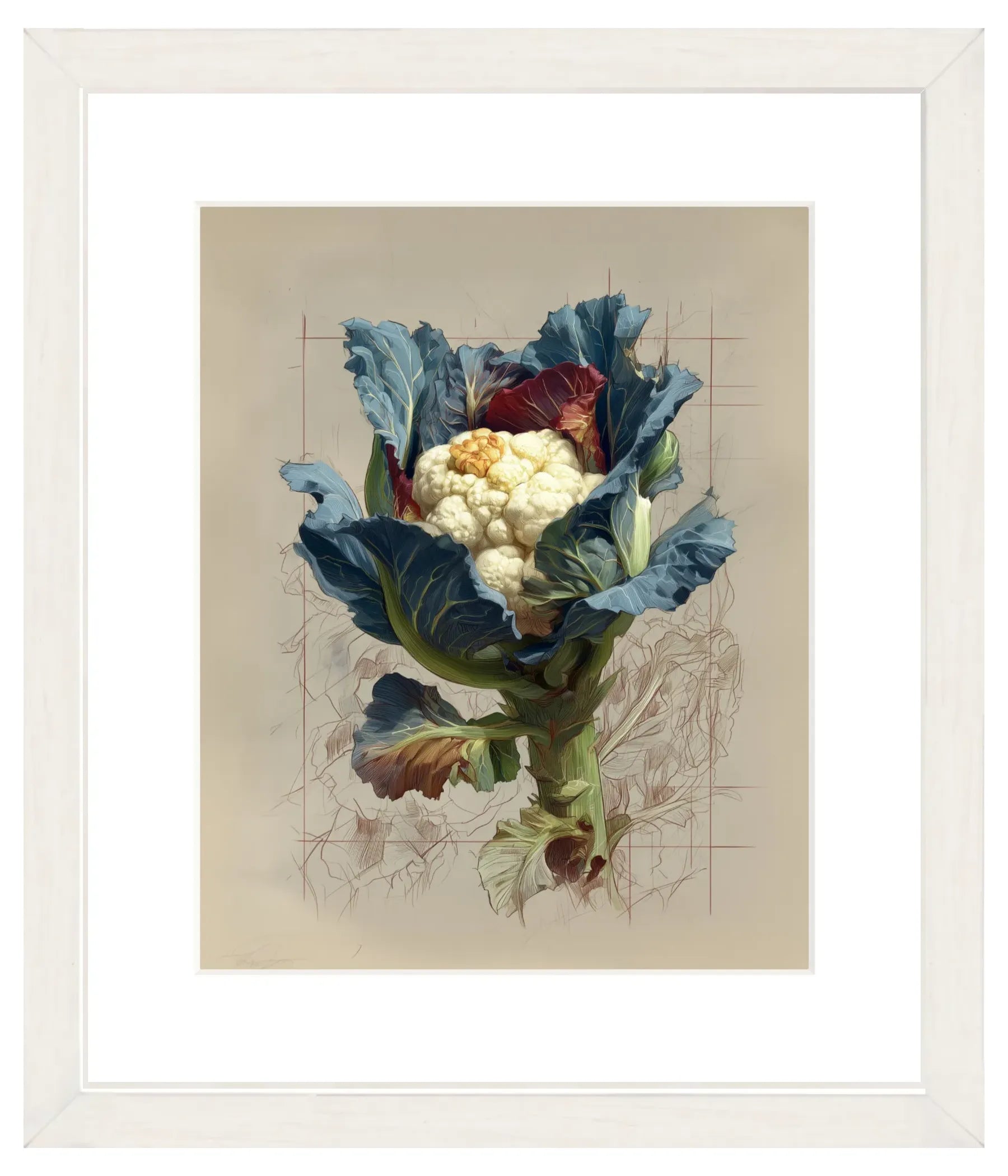 Framed artwork of a cauliflower with leaves on a beige background