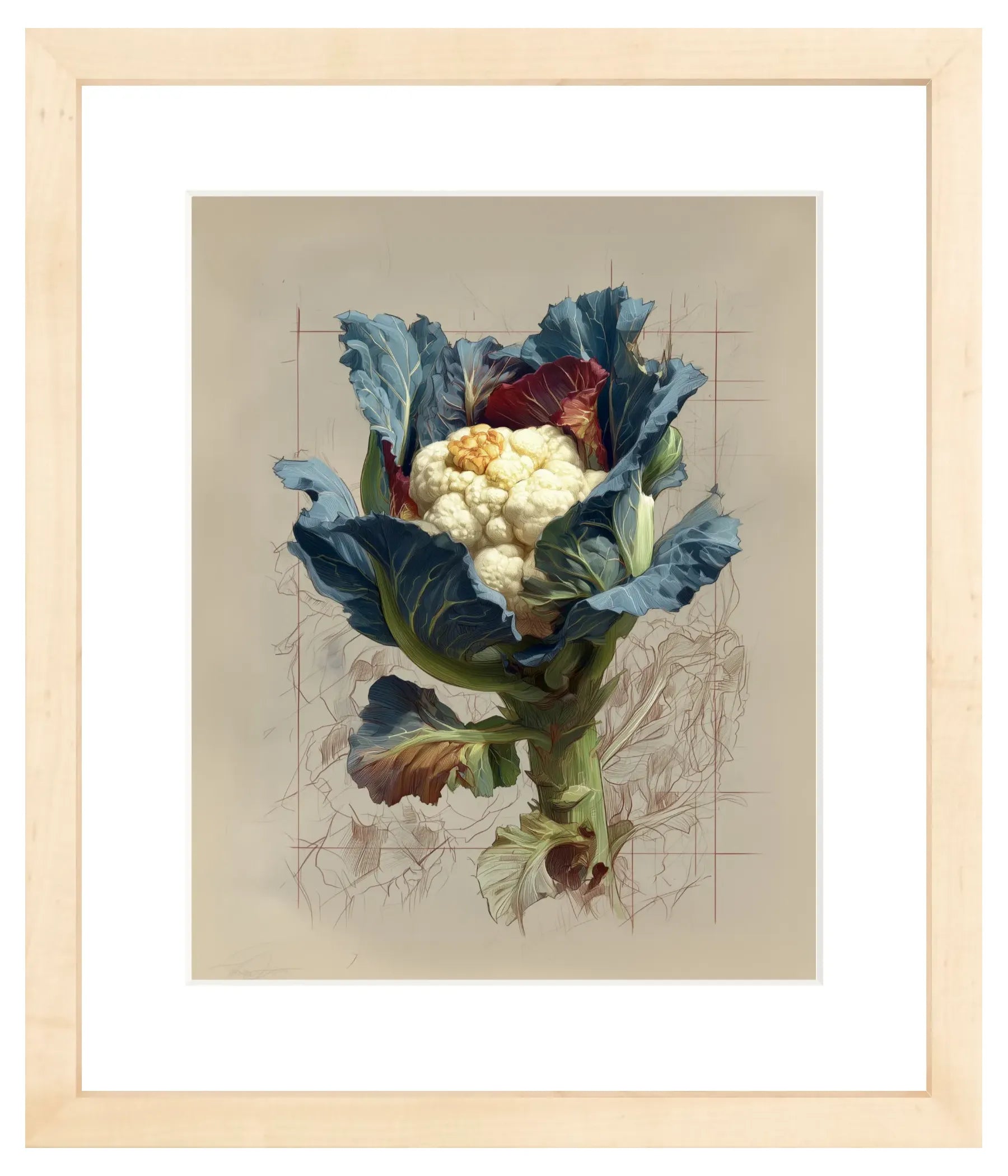 Framed artwork of a cauliflower with blue leaves on a beige background