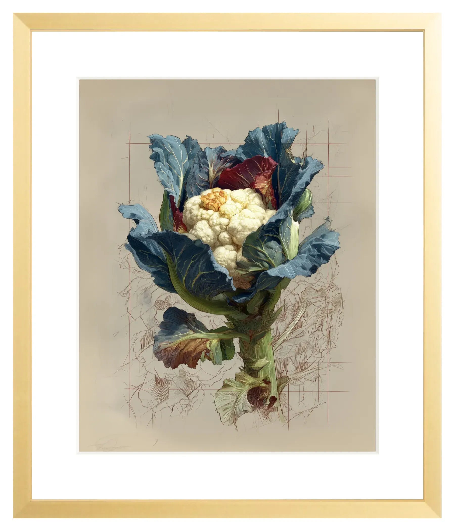 Colorful illustration of a cauliflower with blue leaves on a beige background