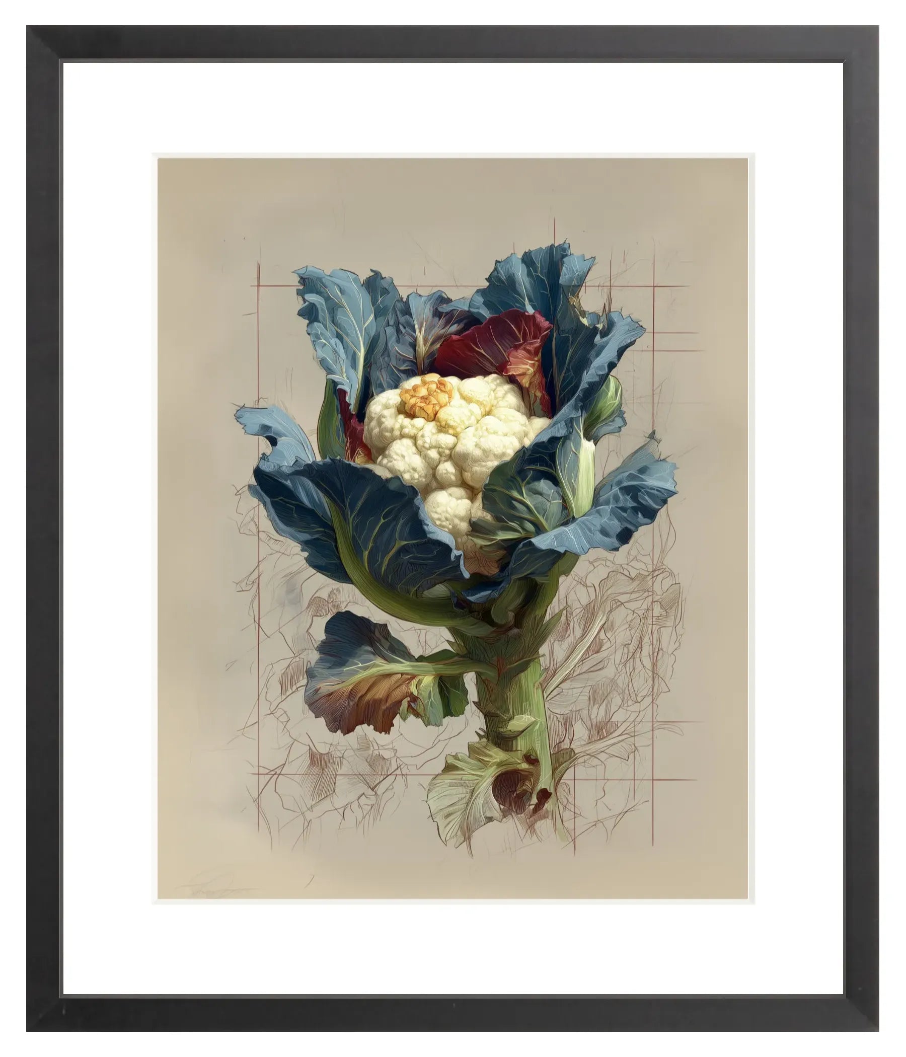 Colorful illustration of a cauliflower with leaves on a beige background