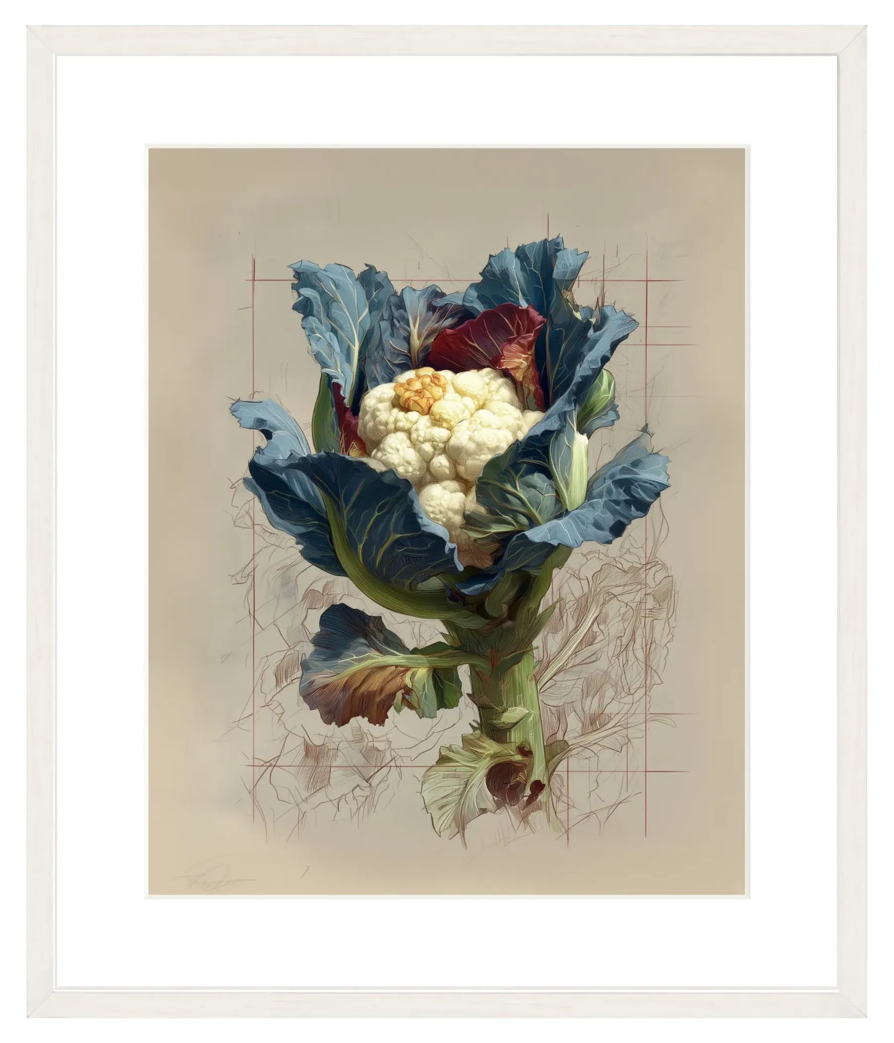 Illustration of a cauliflower with leaves on a beige background