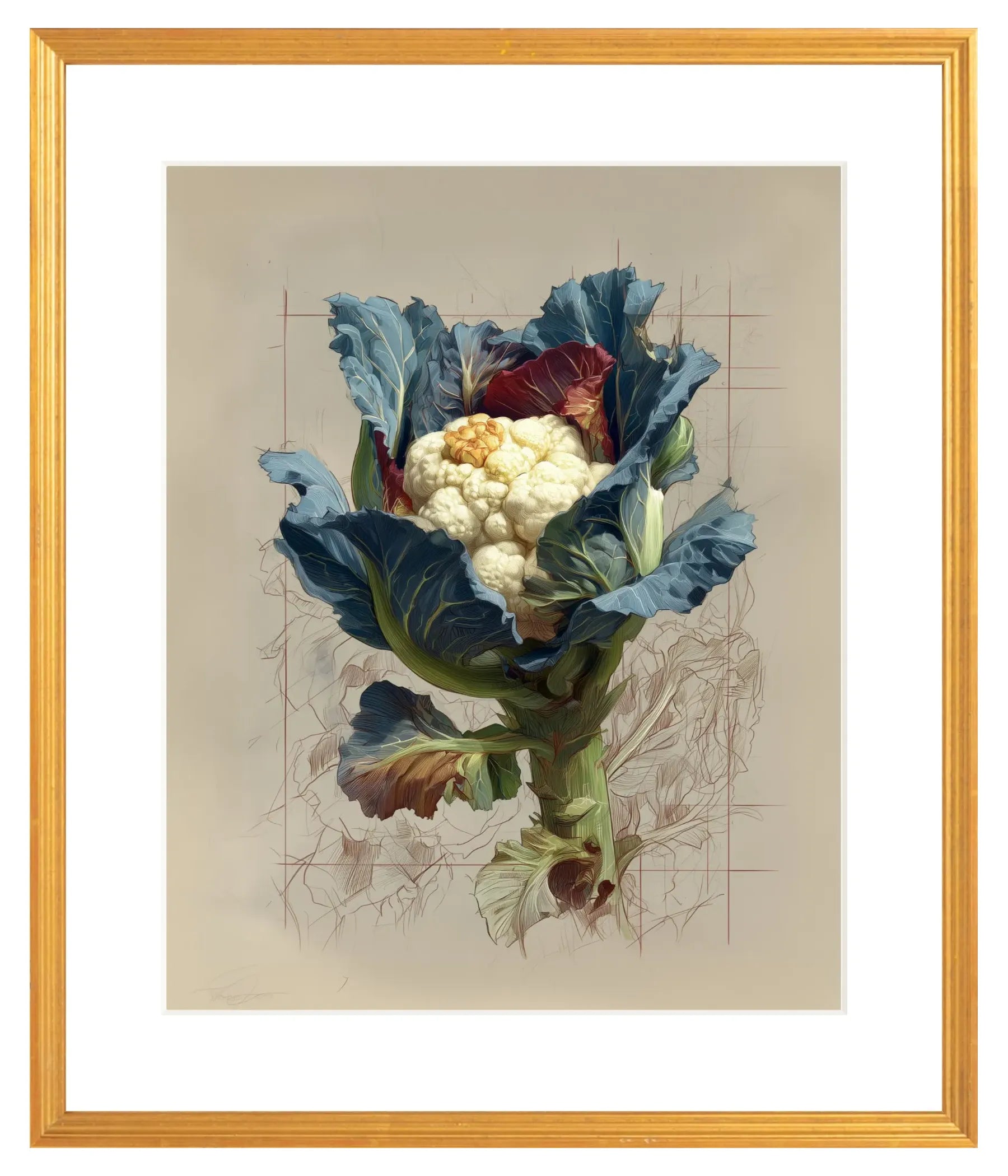 Framed artwork of a cauliflower with blue leaves on a beige background