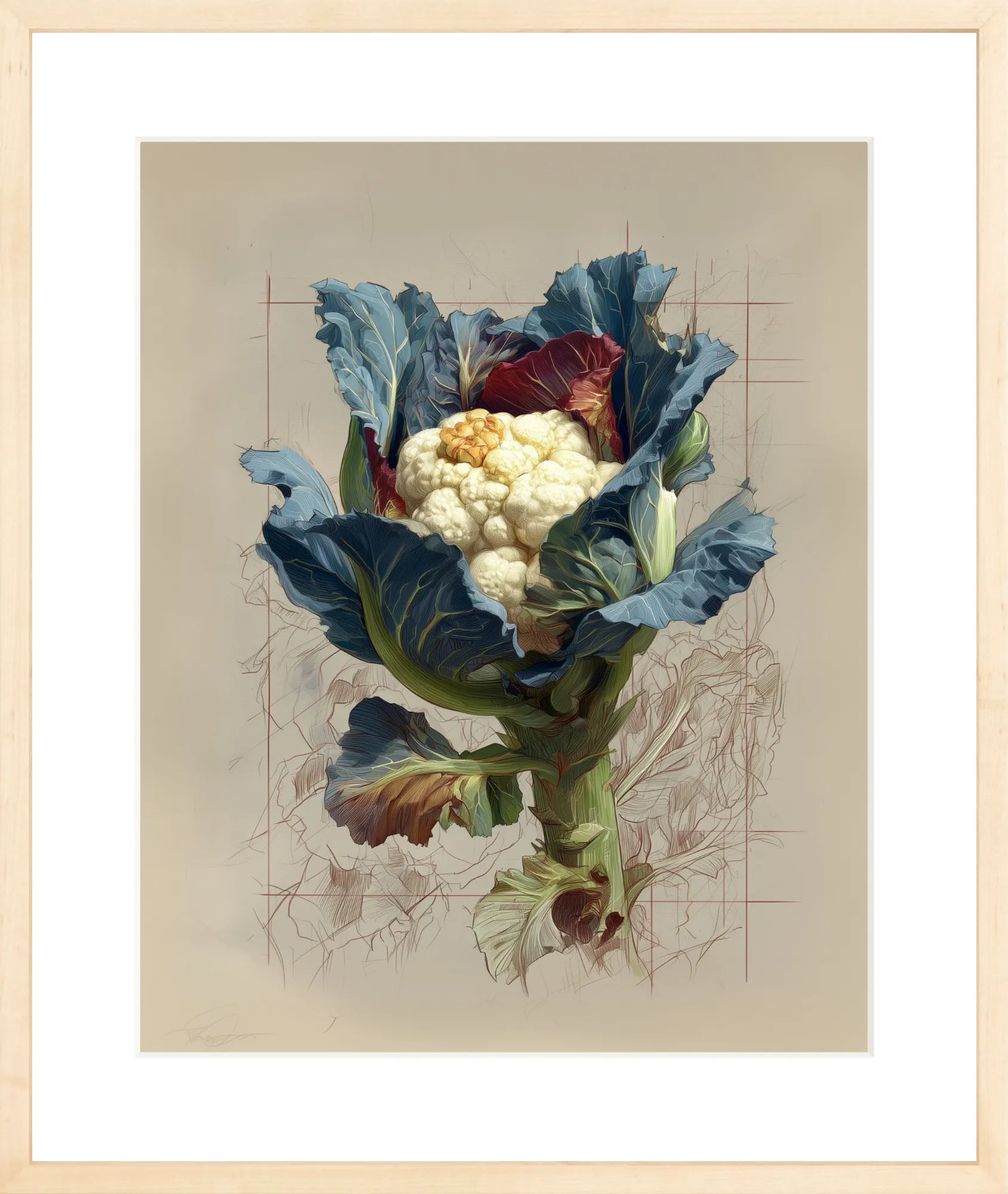 Framed artwork of a colorful illustration of a cauliflower and leaves on a beige background