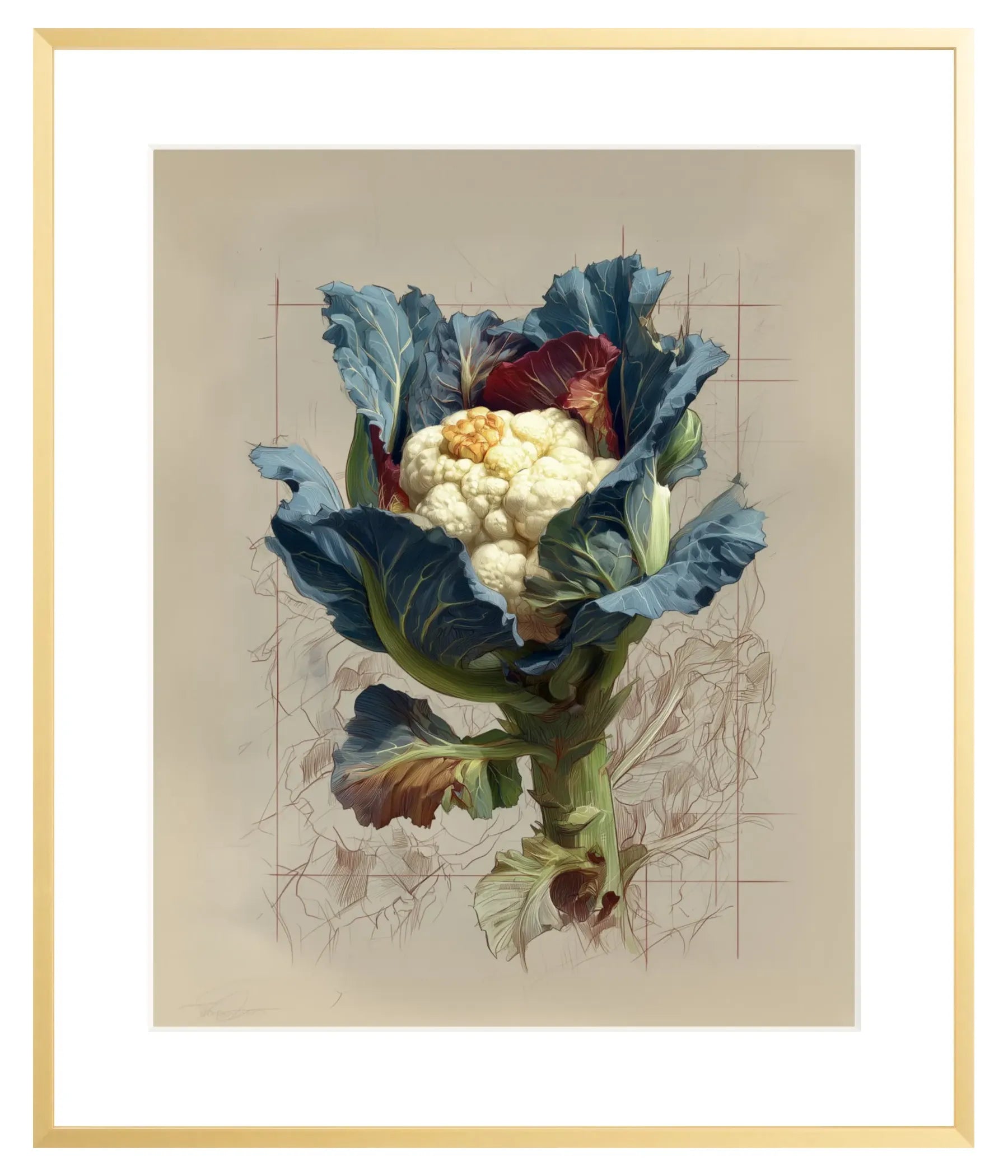 Colorful illustration of a cauliflower with leaves on a beige background