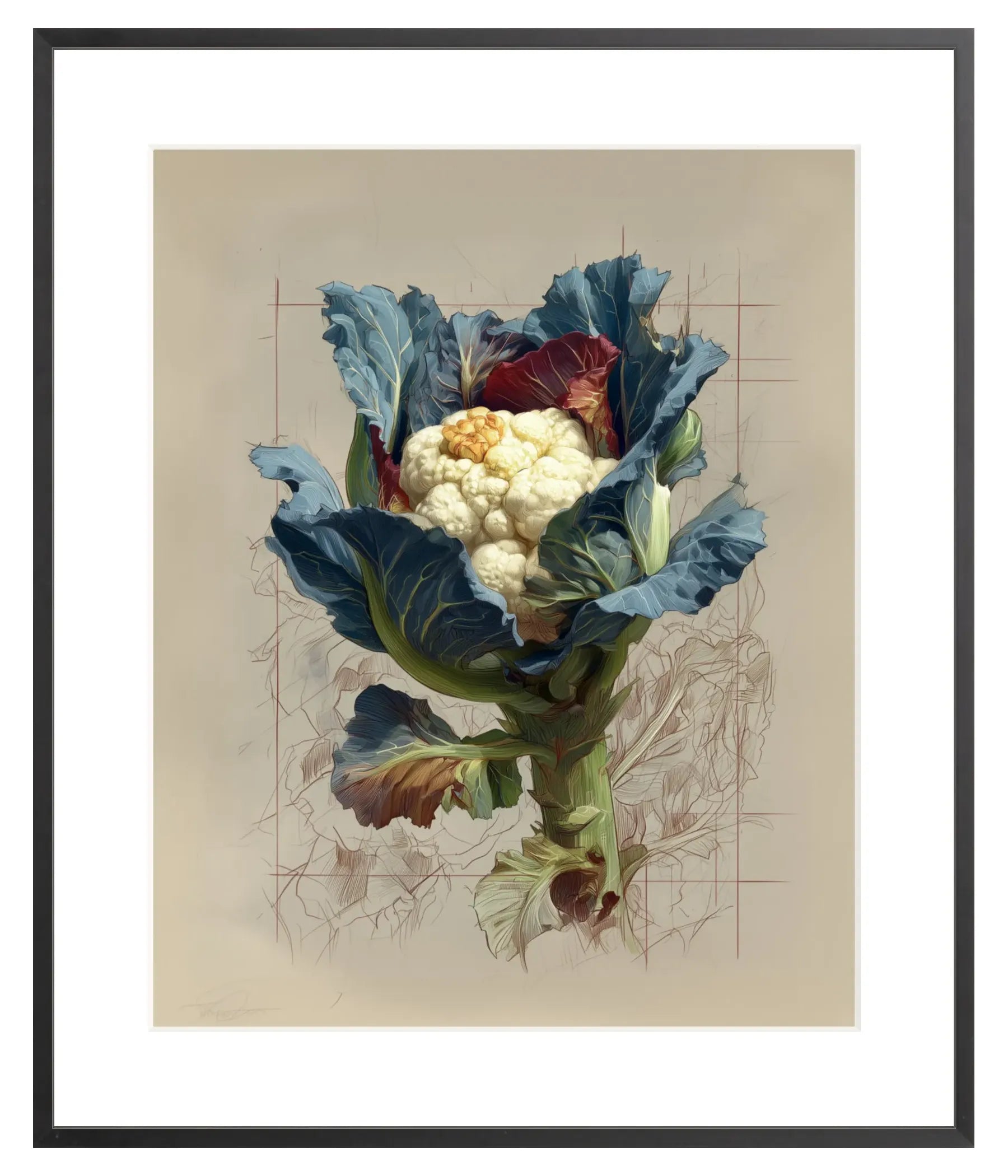 Colorful illustration of a cauliflower on a beige background with grid lines