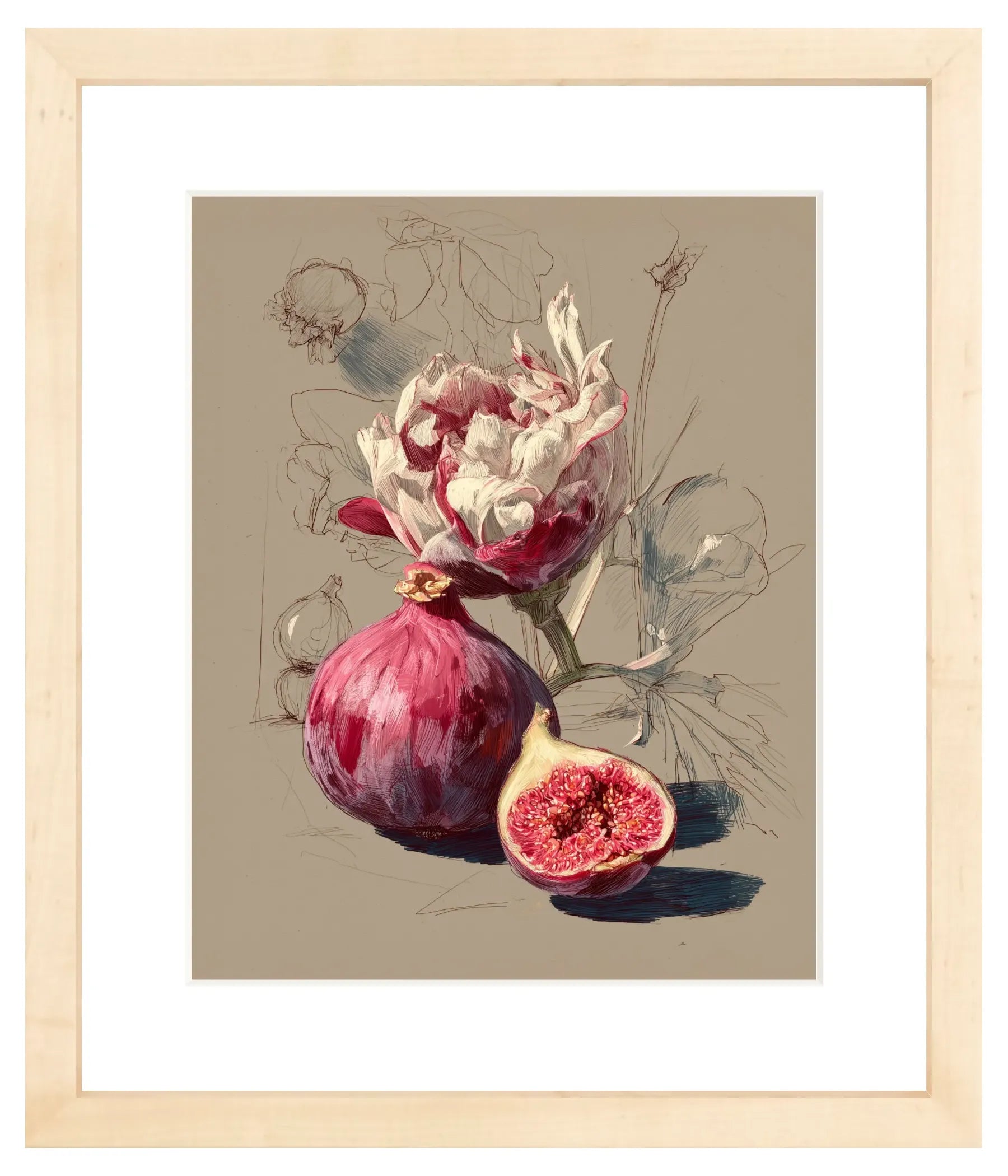 Framed artwork of a fig with flowers on a beige background