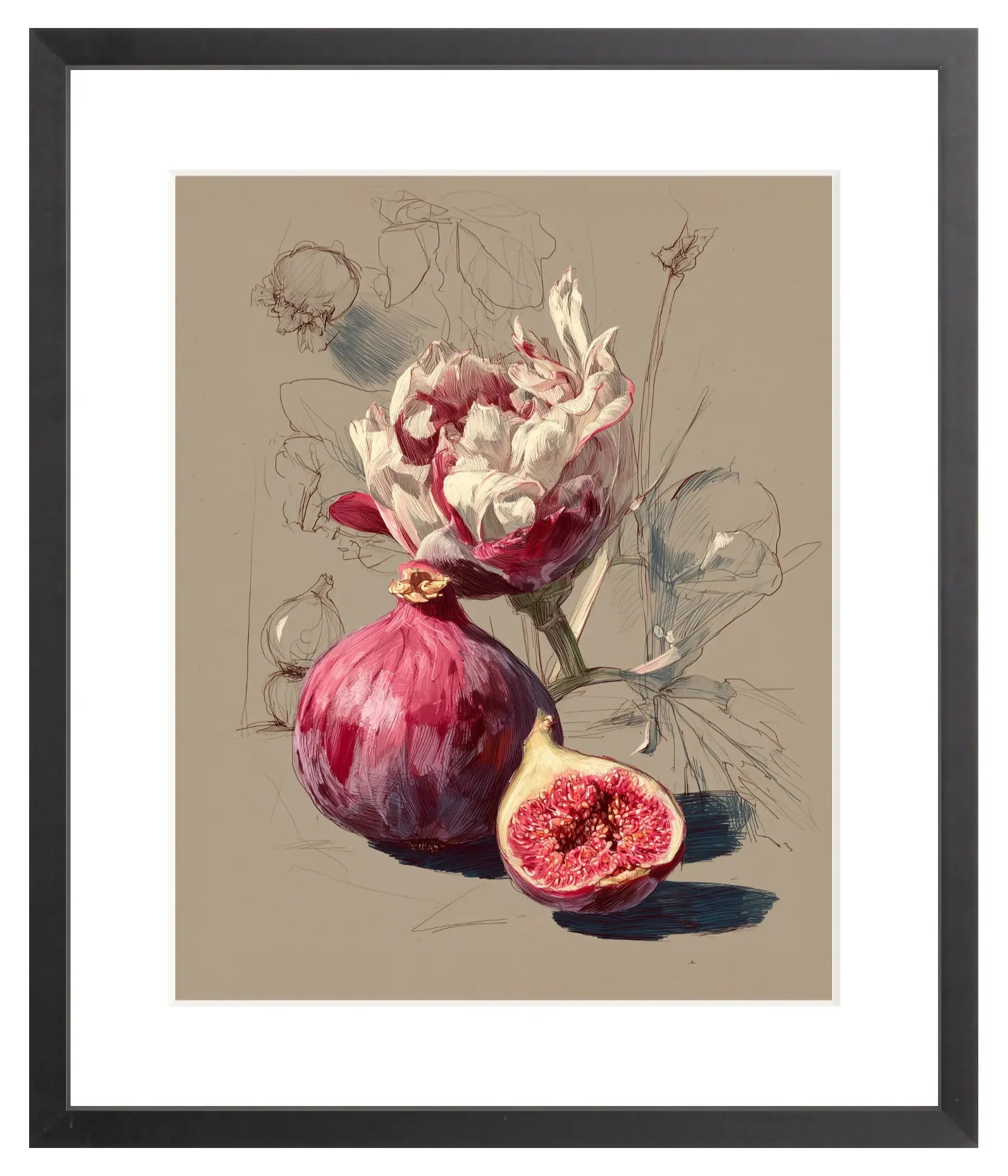 Framed artwork of a pink fig with a protea flower on a beige background