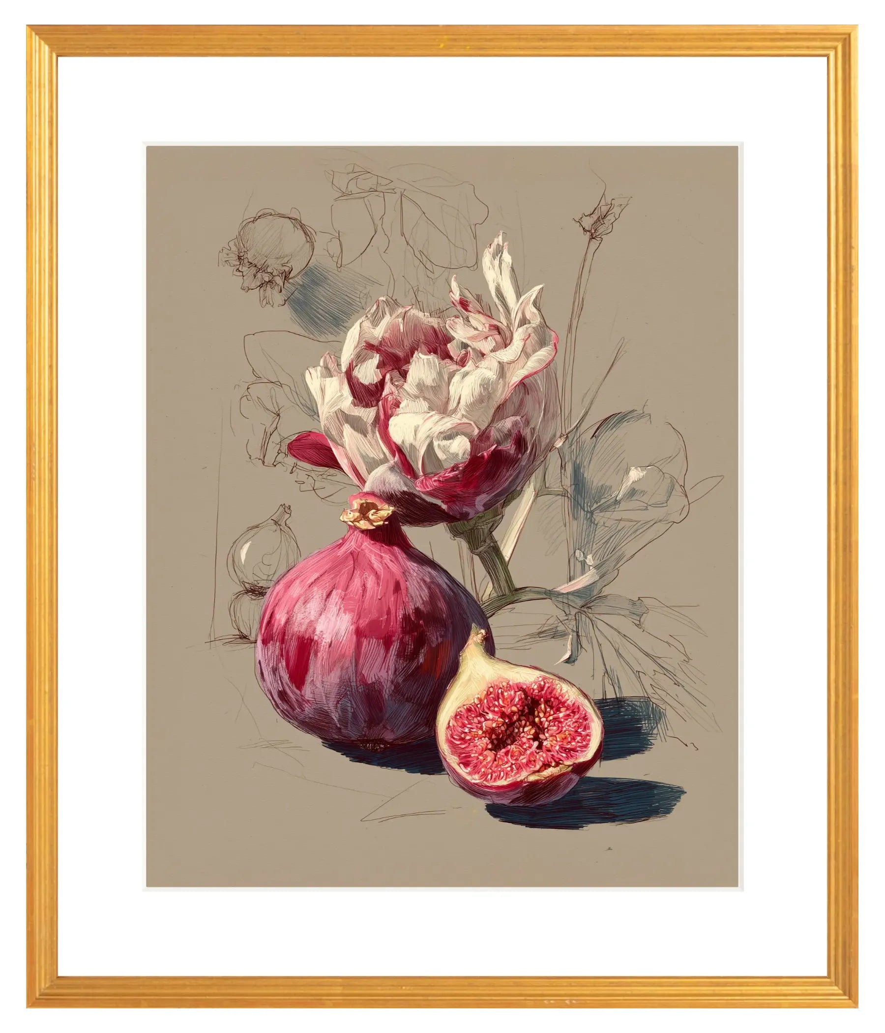 Framed artwork of a pink fig and fruit on a beige background