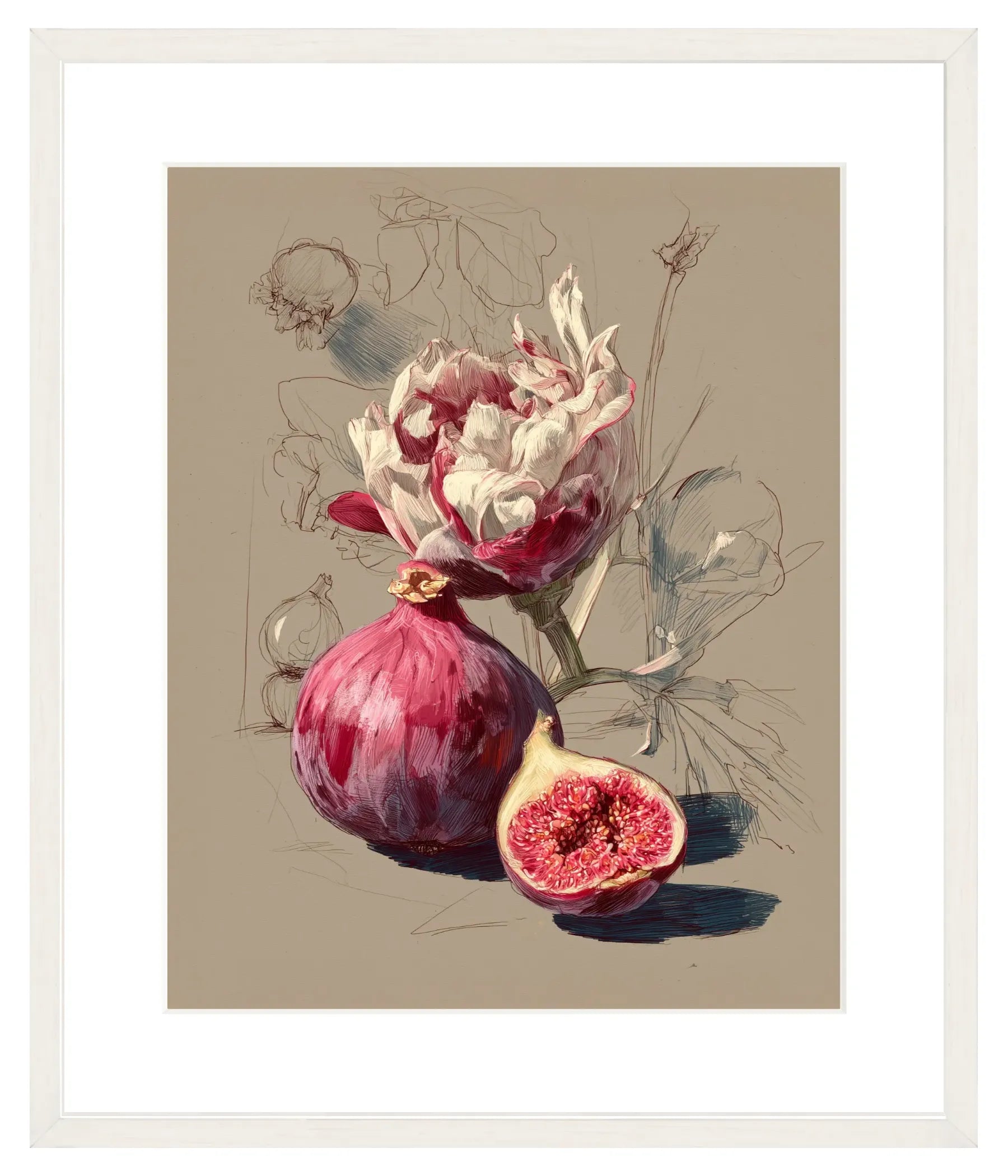 Framed artwork of a fig and flower on a beige background