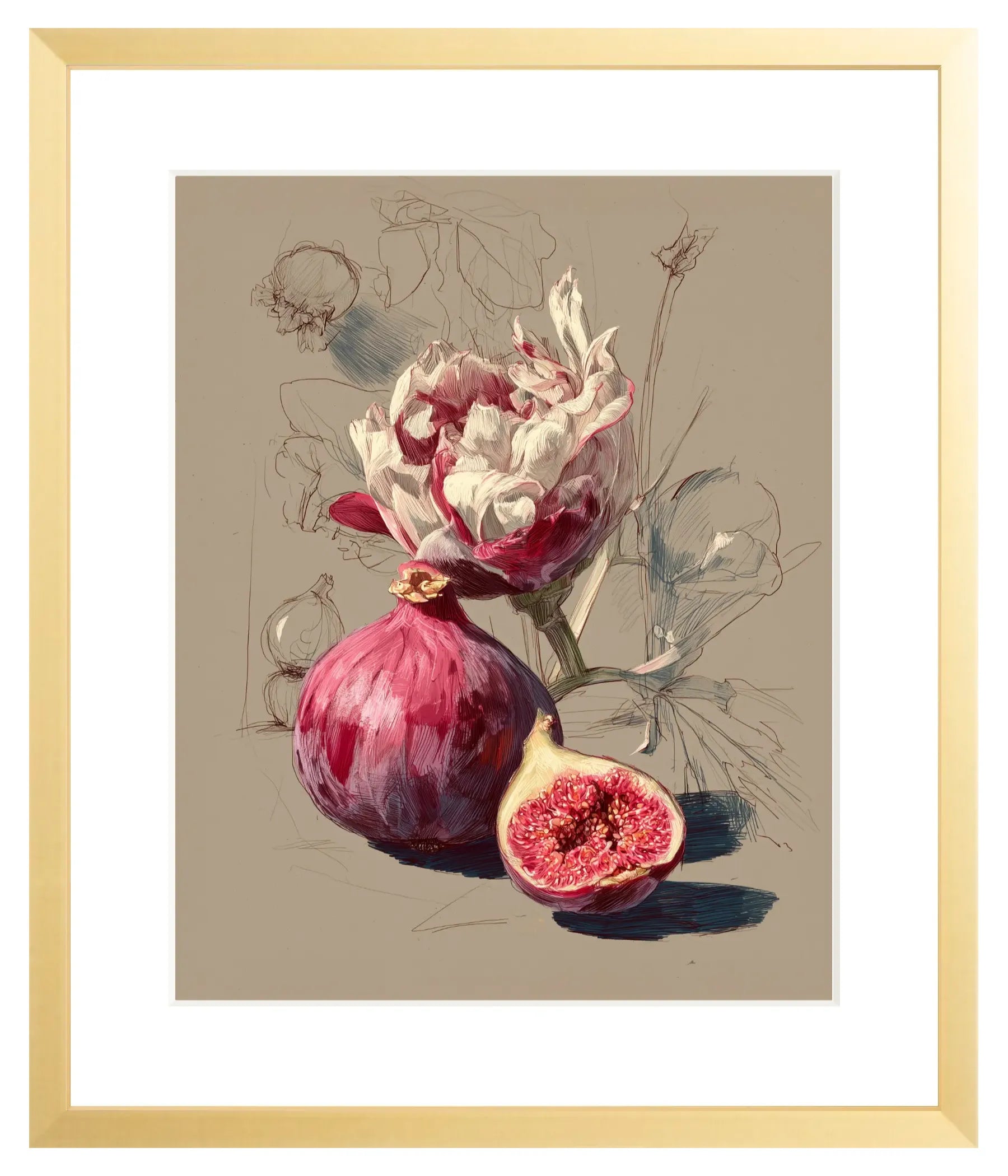Framed artwork of a pink flower and figs on a beige background