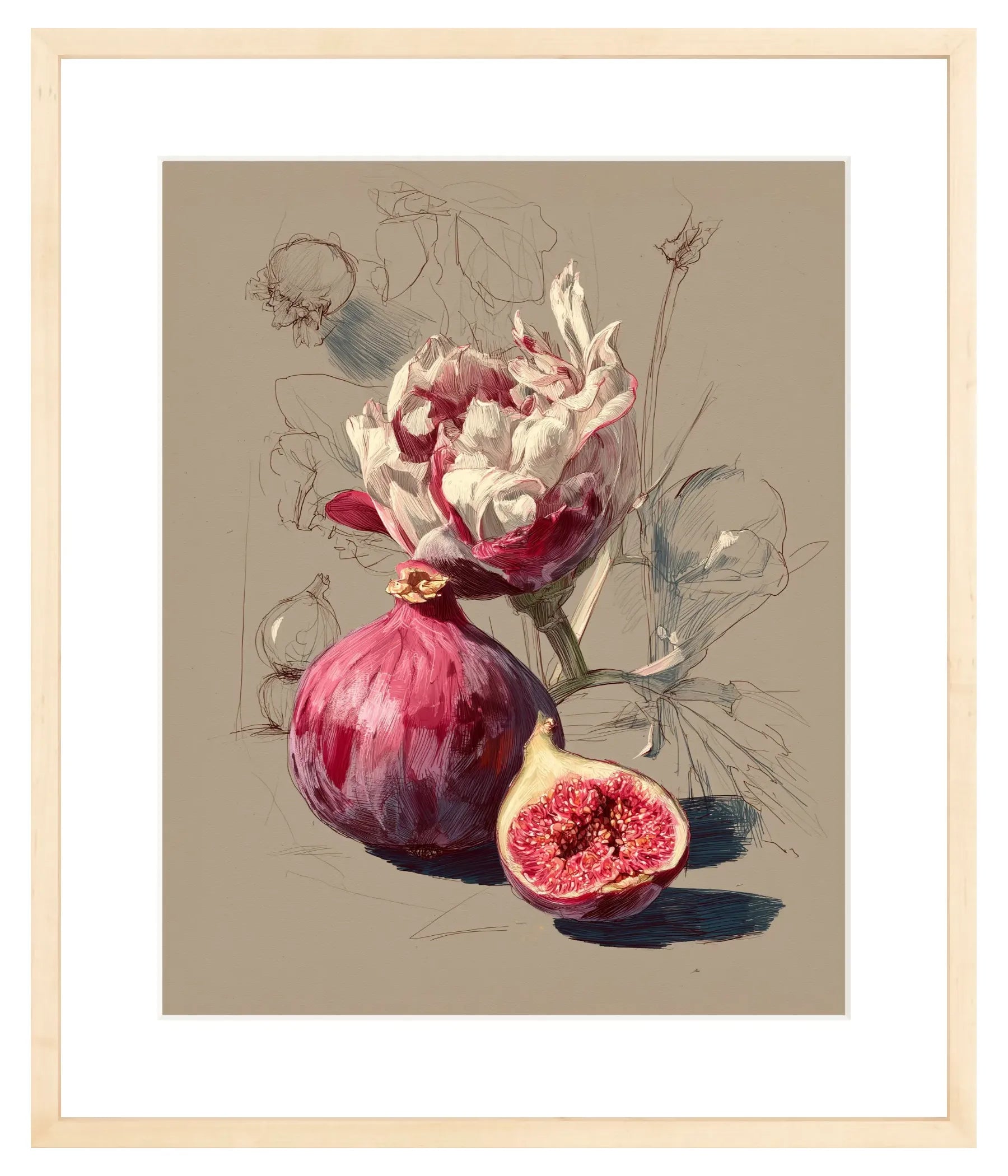 Artistic depiction of a fig and flowers on a beige background