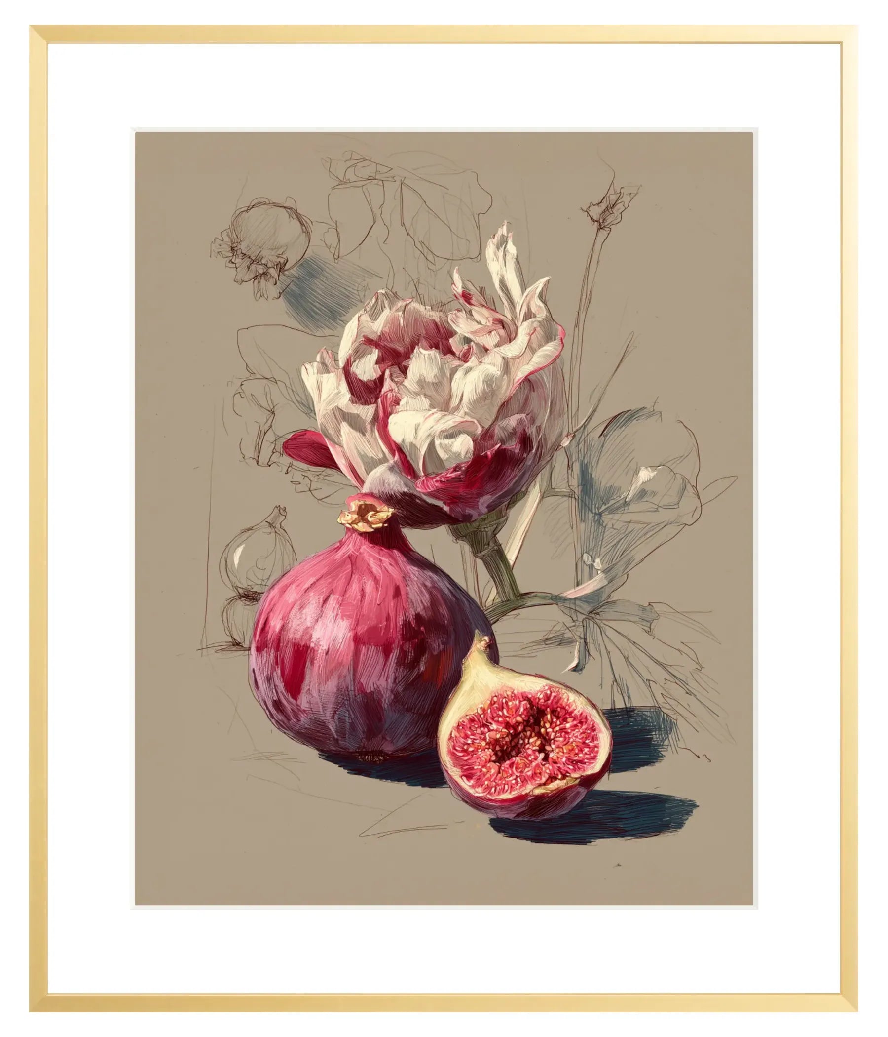 Framed artwork of a fig and protea flower on a beige background