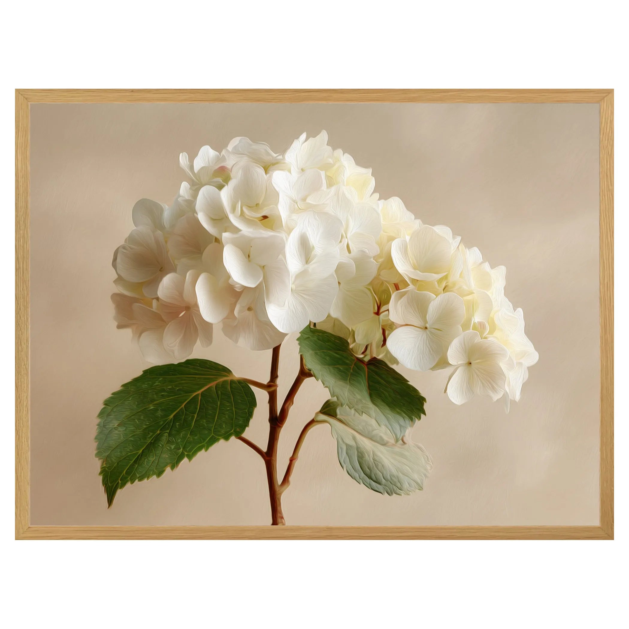 White oak framed artwork of white hydrangeas with green leaves on a light background