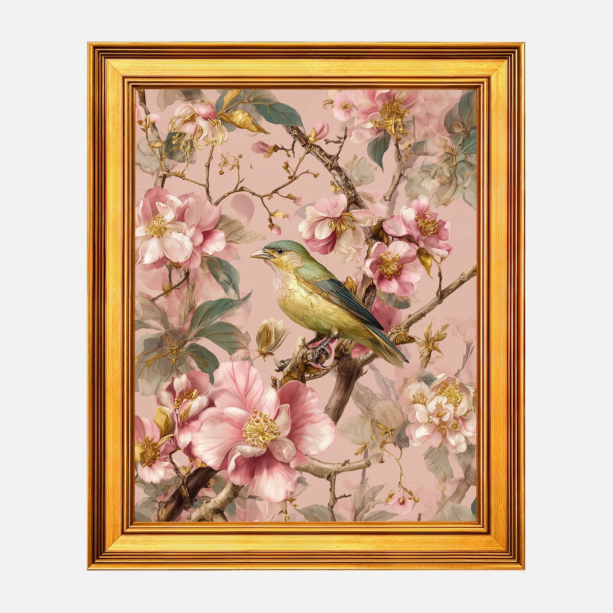Songbird in Blush Blossoms framed wall art in a burnished antique gold frame, 16 x 20 inch print size with 19.5 x 23.5 inch framed dimensions.