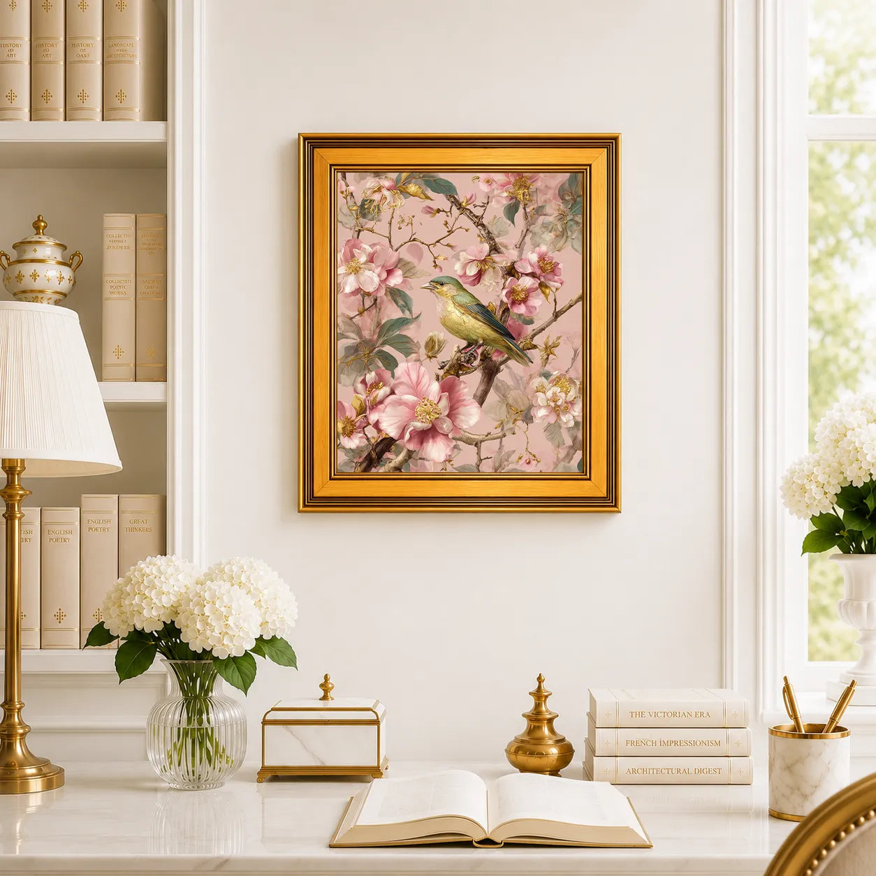 Songbird in Blush Blossoms framed wall art displayed above a traditional desk with blossoms, books, brass decor, and a burnished antique gold frame.