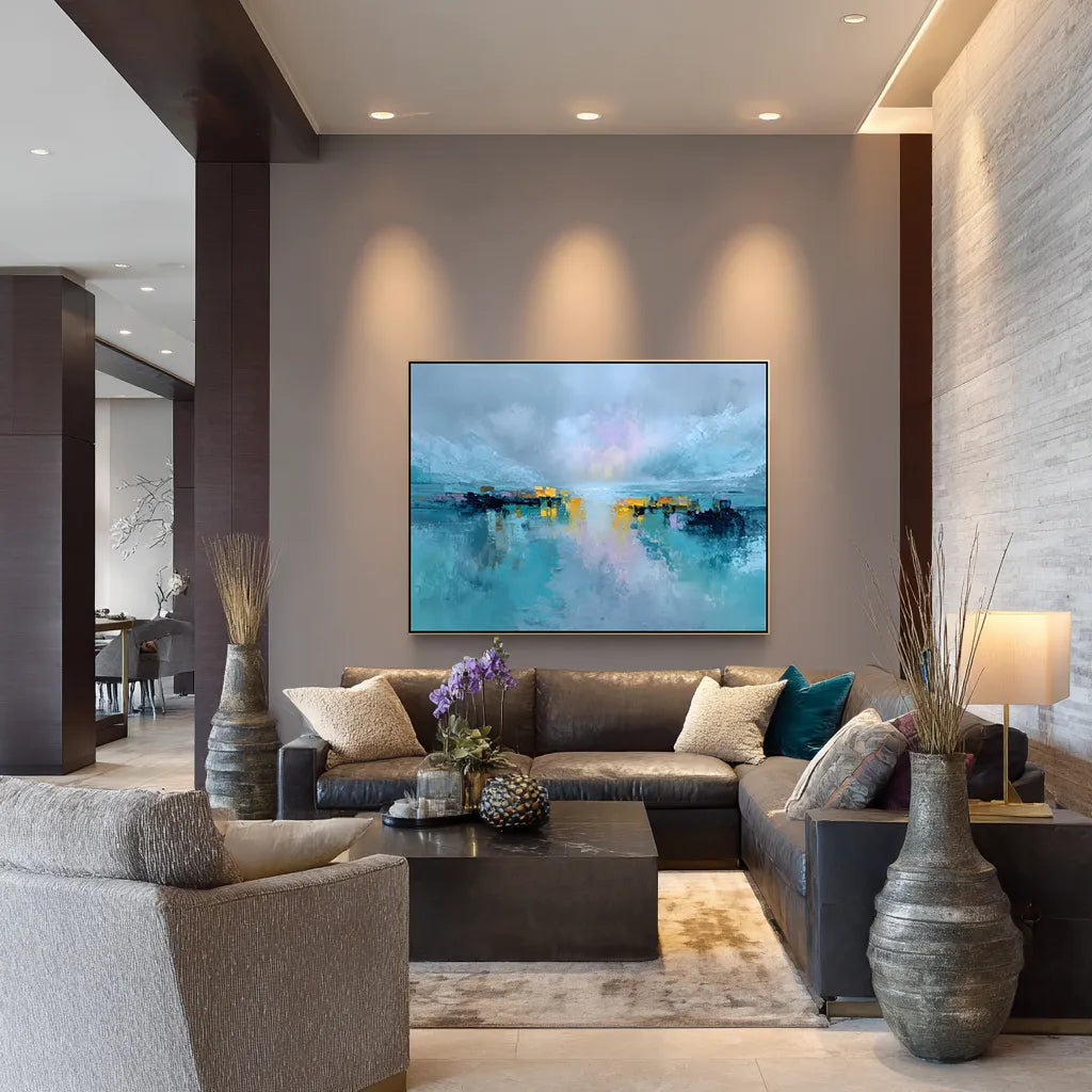 Vibrant teal abstract 50x40 canvas artwork displayed in a luxury living room with soft neutral décor and modern spotlighting