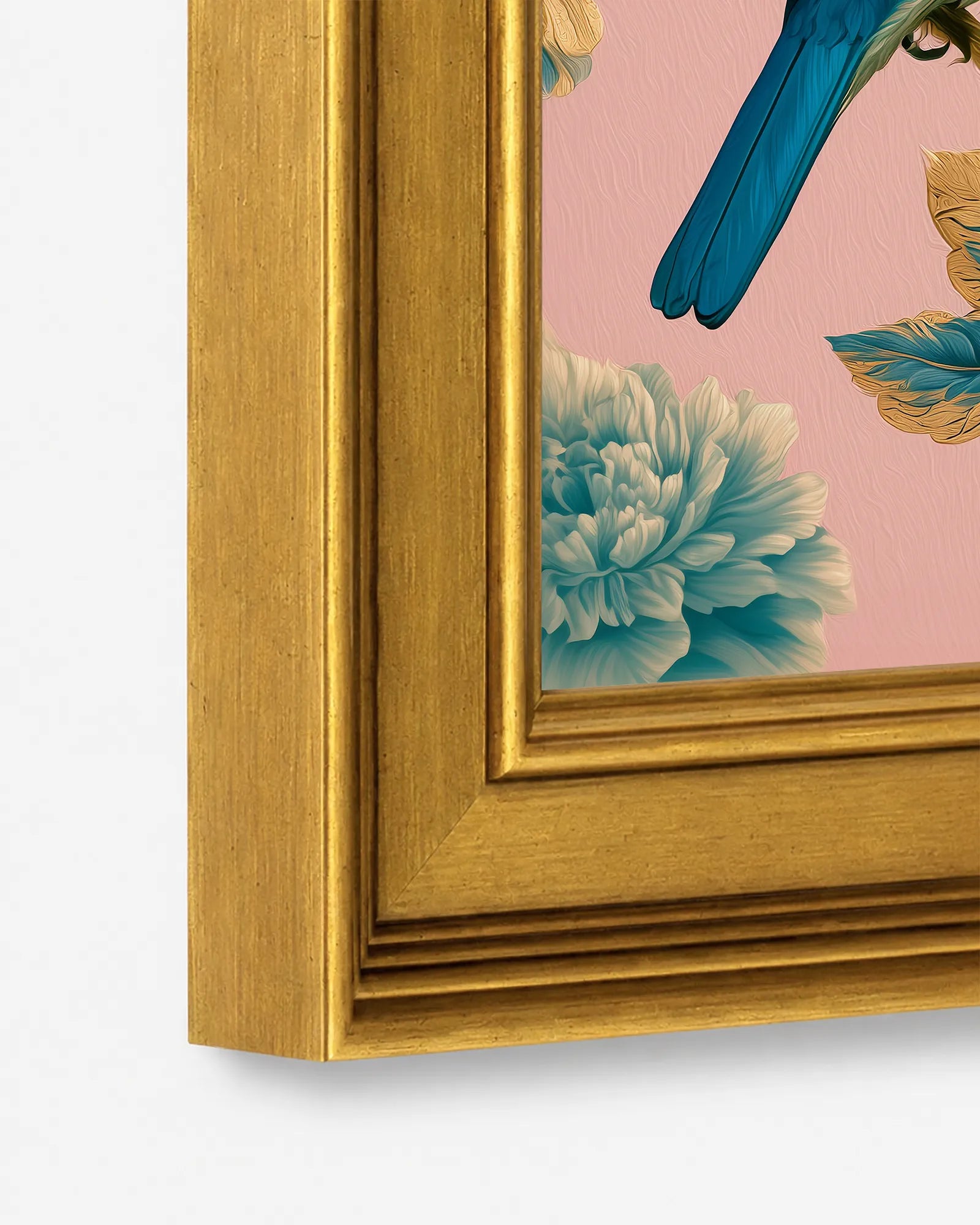 Close-up detail of the burnished antique gold wood frame used for Turquoise Songbirds in Rose Chintz framed wall art, showing the profile, finish, and craftsmanship.