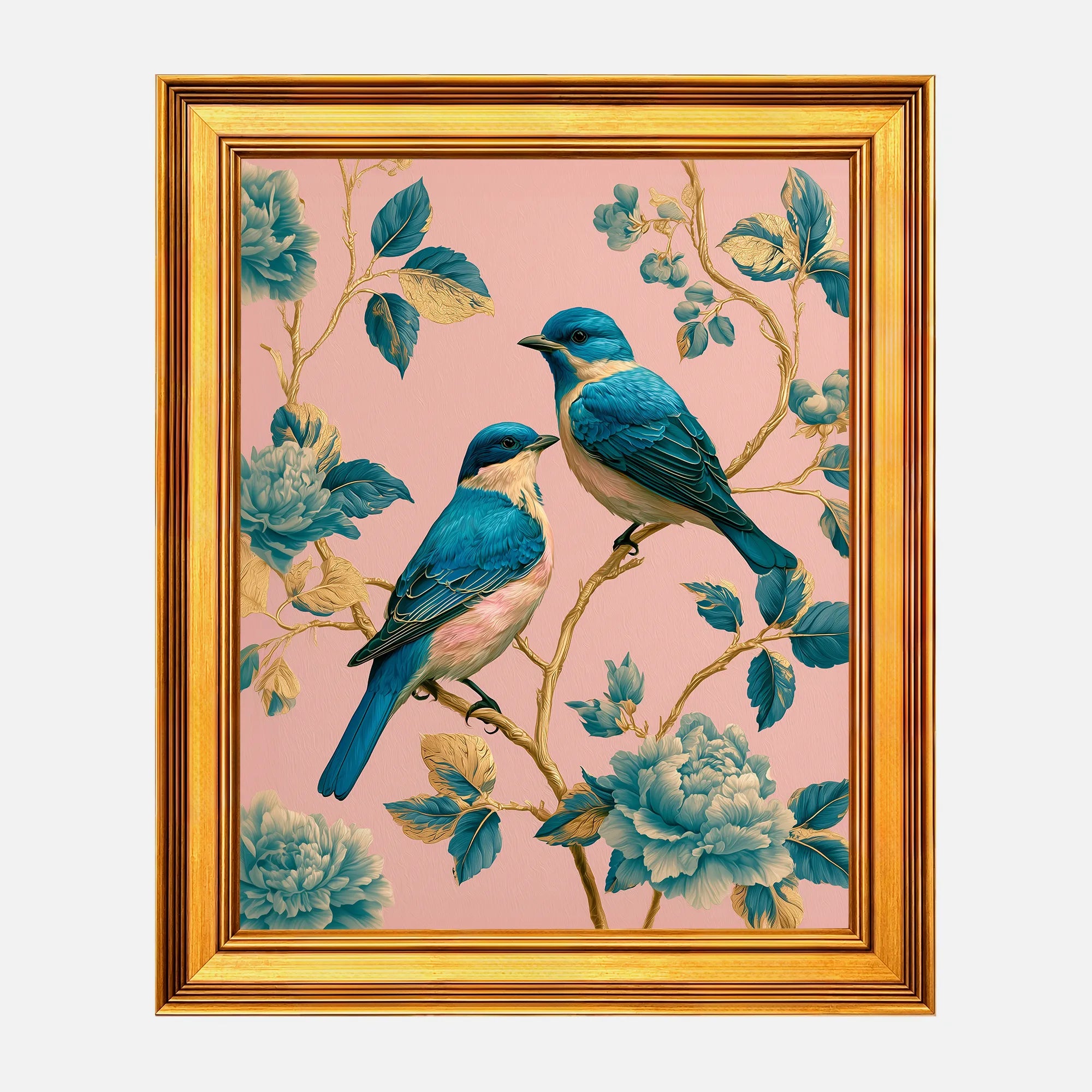 Turquoise Songbirds in Rose Chintz framed wall art in a burnished antique gold frame, 16 x 20 inch print size with 19.5 x 23.5 inch framed dimensions.
