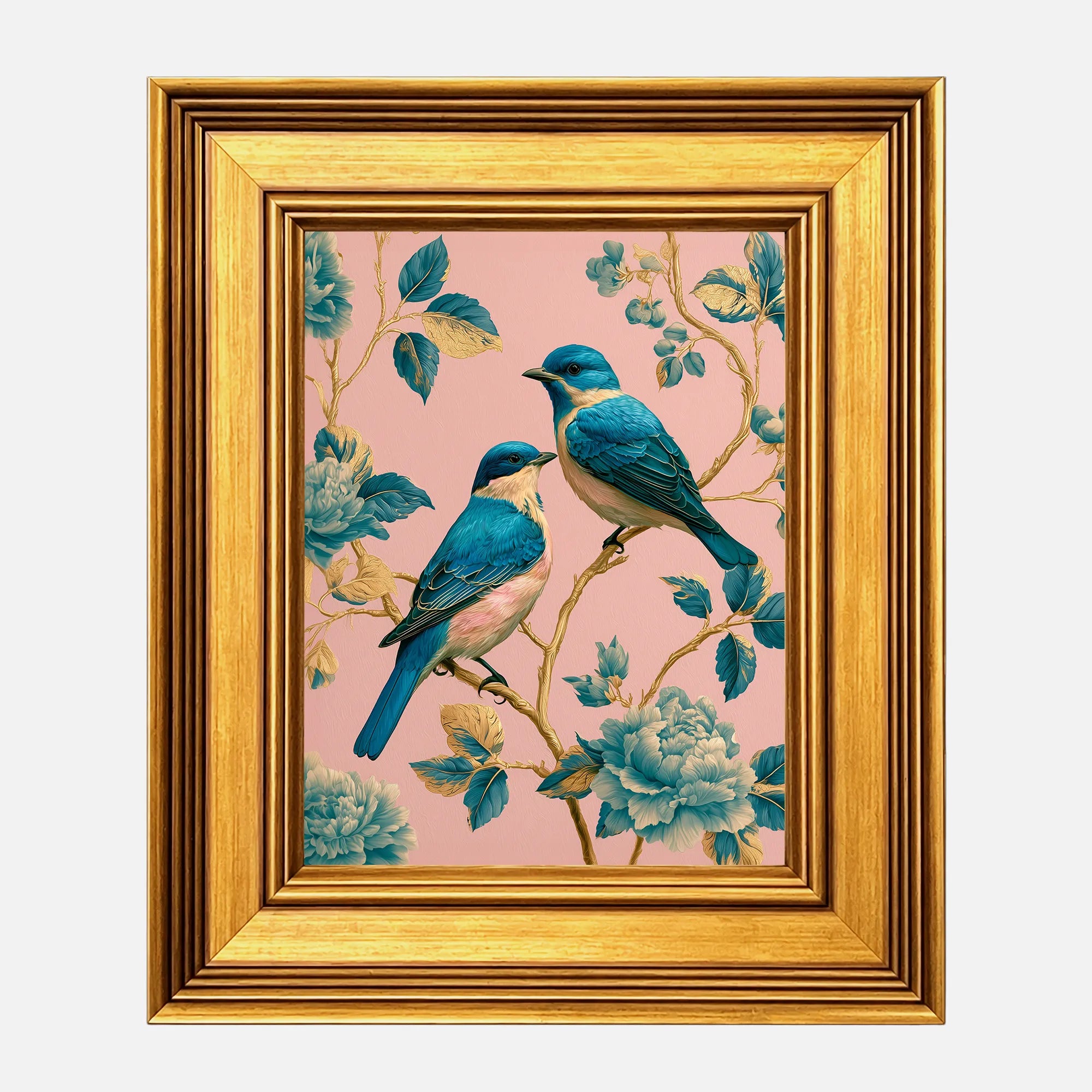 Turquoise Songbirds in Rose Chintz framed wall art in a burnished antique gold frame, 8 x 10 inch print size with 11.5 x 13.5 inch framed dimensions.