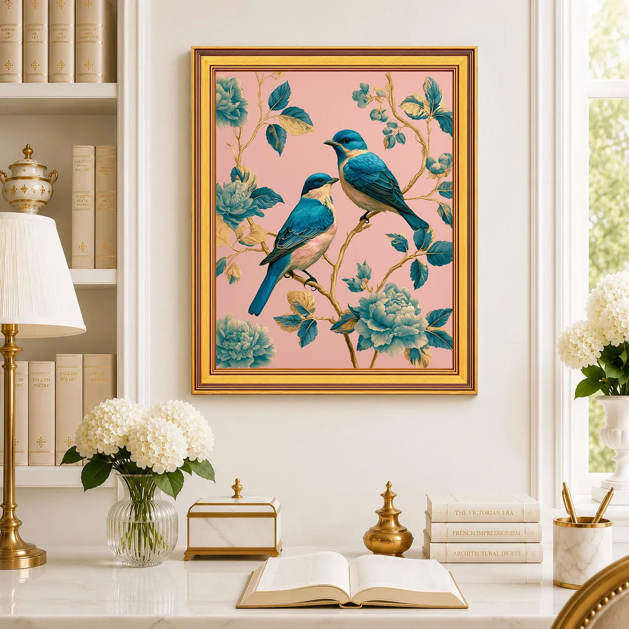Large Turquoise Songbirds in Rose Chintz framed wall art displayed in a traditional study with peonies, antique books, brass accents, and a burnished antique gold frame.