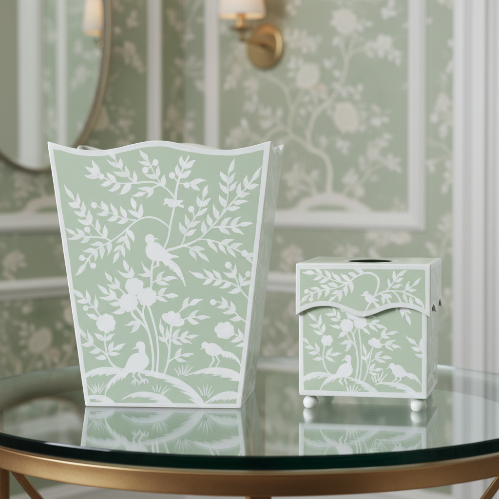 Decorative trash can and tissue box cover with bird and leaf pattern on a light green background on a glass table in a chinoiserie setting
