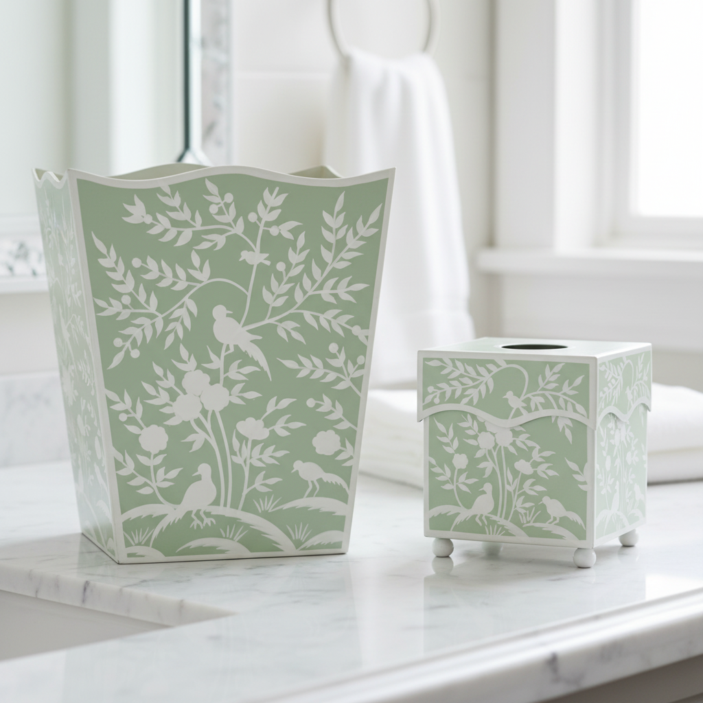 Decorative green and white patterned wastebasket and tissue box on a marble surface in a bathroom.