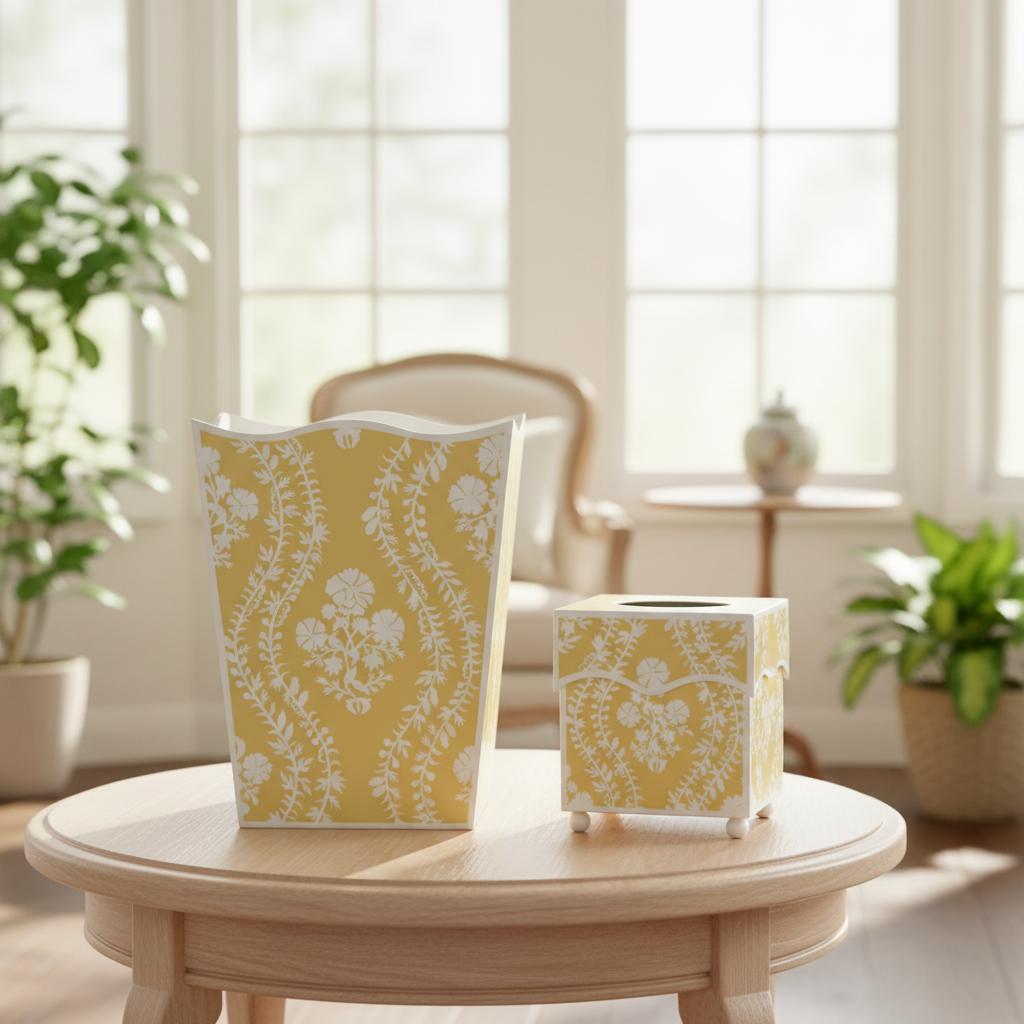 Butter yellow and white patterned floral wastepaper basket and tissue holder on a table in a sunroom