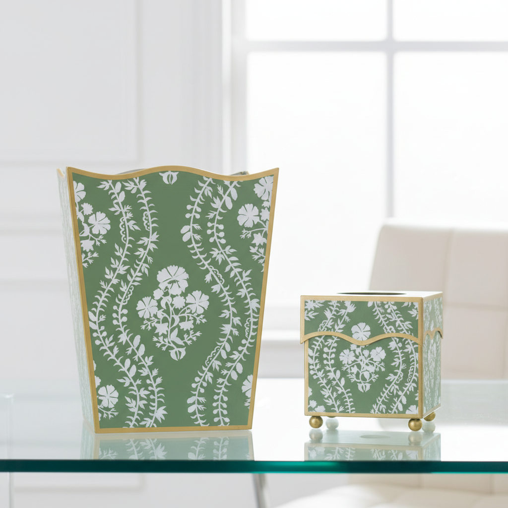 Decorative green and white wastepaper basket and tissue holder on a glass desk in a home office