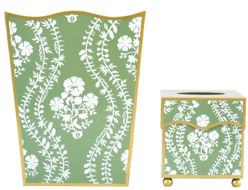 Decorative wastepaper basket and tissue box holder set with white floral pattern on a green background