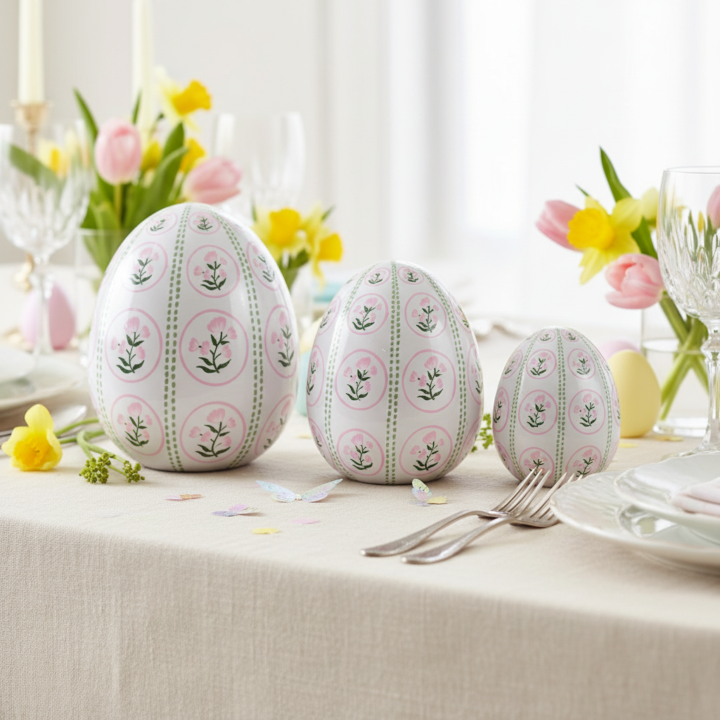 Decorative metal Easter eggs with floral patterns on a table with flowers and cutlery.