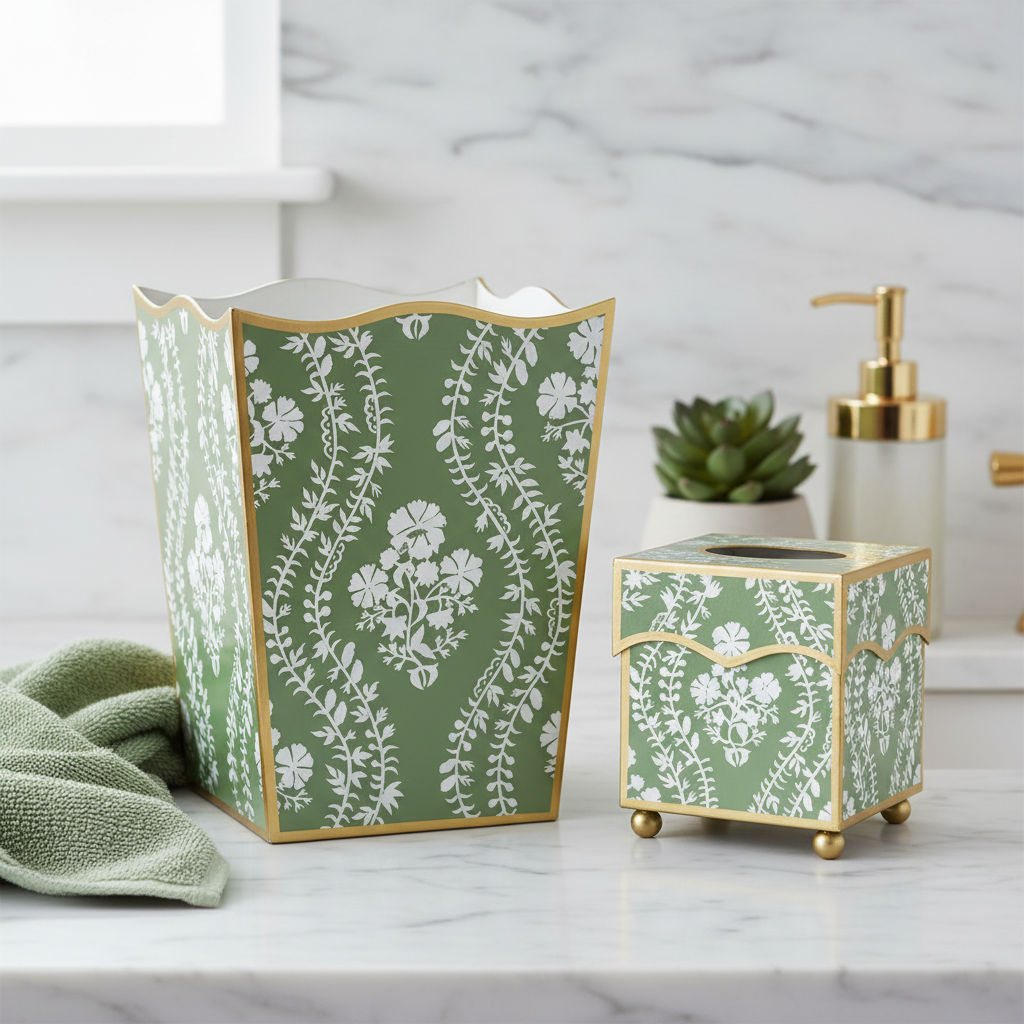 Bathroom set with green and white floral-patterned wastebasket and tissue holder on a marble surface.
