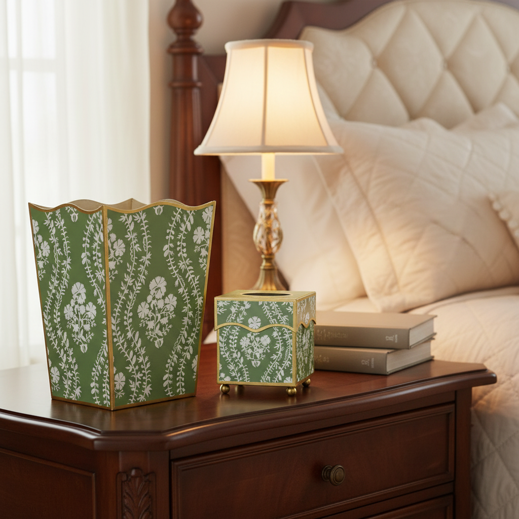 Decorative green and white patterned floral wastepaper basket and tissue holder on a nightstand next to a bed with a lamp on it.