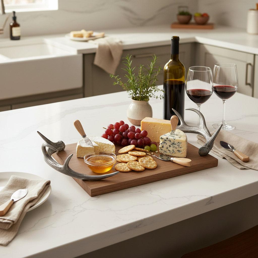 Cheeseboard with pewter antler handles with grapes, crackers, and a bottle of wine on a kitchen counter.