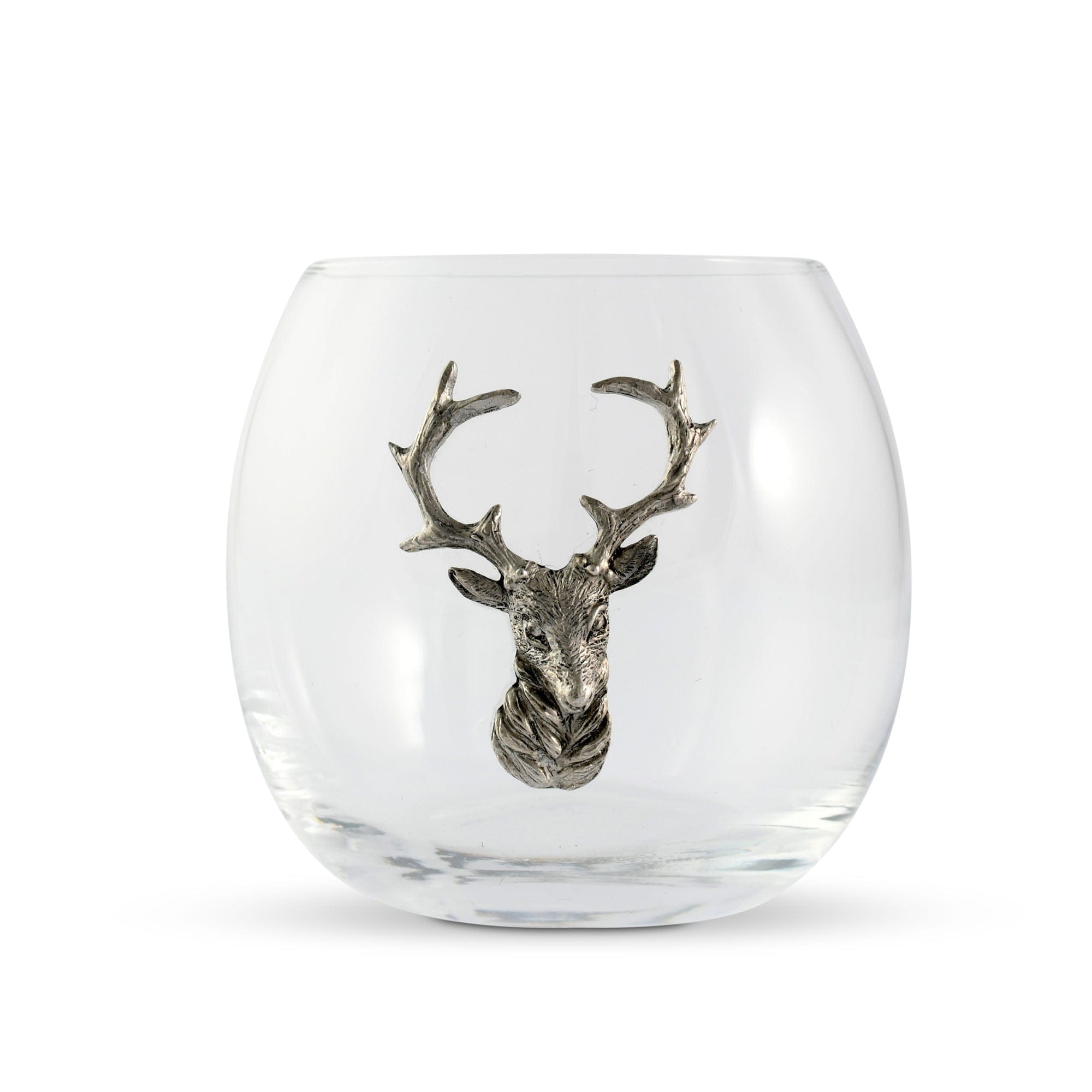 Clear glass tumbler with a silver deer head emblem on a white background