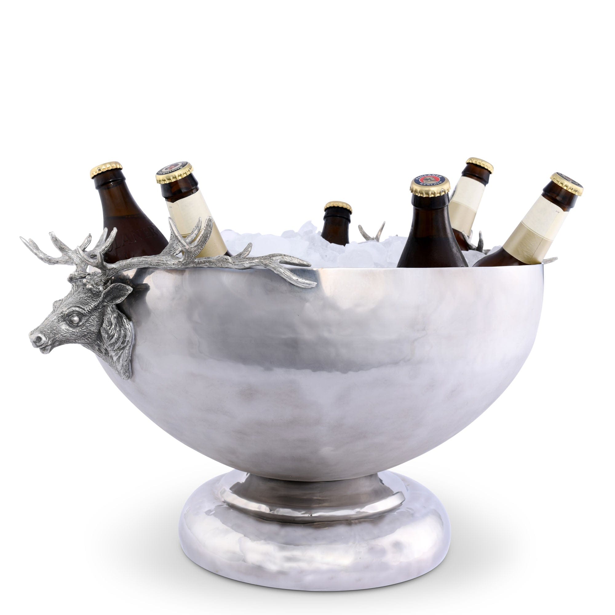 Decorative metal ice bucket with deer head design holding bottles on a white background