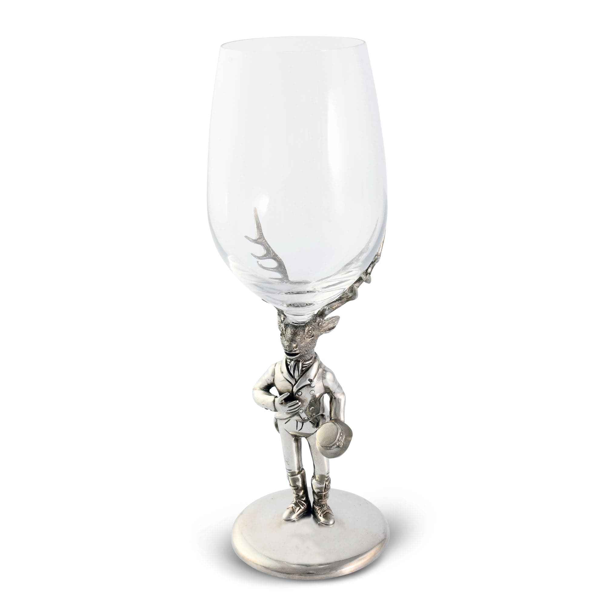 Clear glass wine glass with a decorative Gentleman Elk pewter base on a white background